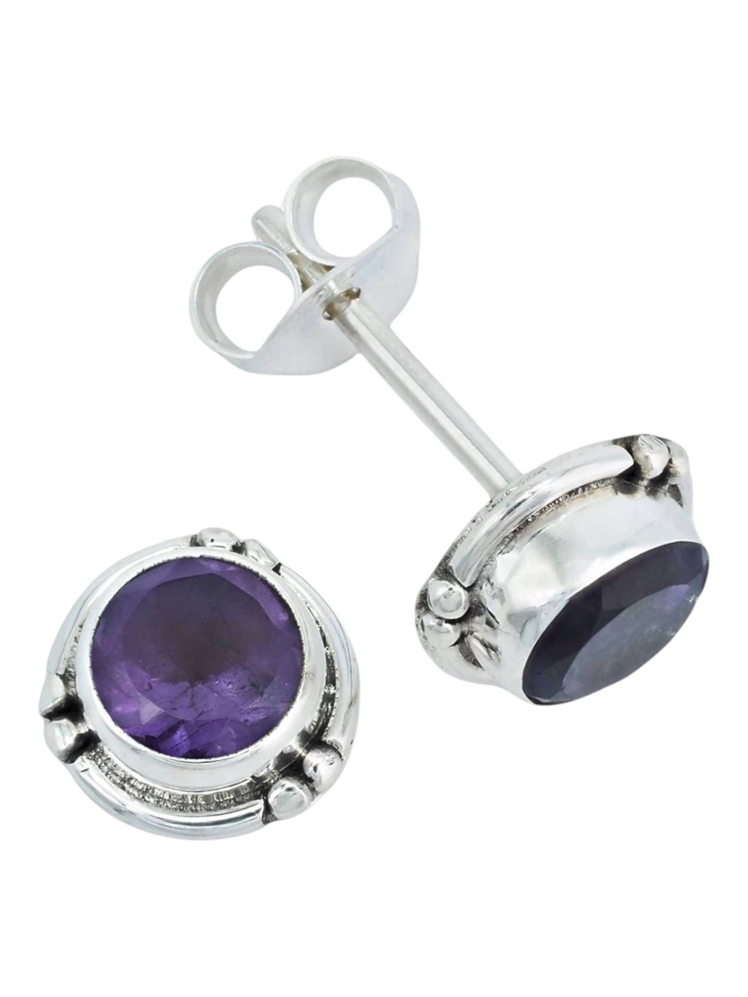 mantraroma Paar Ohrstecker LITANG aus 925 Silber mit Amethyst facettiert (Paar, Paar Ohrringe mit Schmuckbeutel), 925 Sterling Silber Ohrringe für Damen