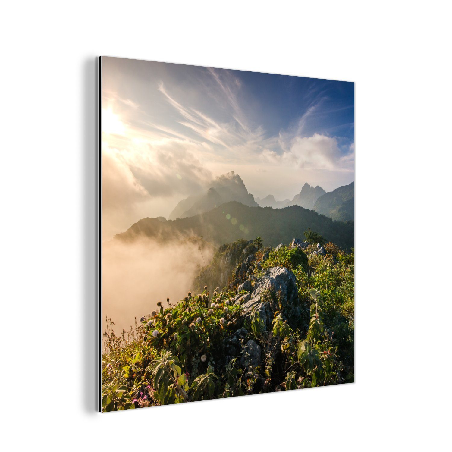 MuchoWow Metallbild Berg im Nebel, (1 St), Alu-Dibond-Druck, Gemälde aus Metall, Aluminium deko | Bilder