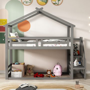 XDOVET Kinderbett 90*200cm, Niedriges Etagenbett mit Sicherheitstreppe, Etagenbettgestell aus Massivholz mit Lattenrost, Grau