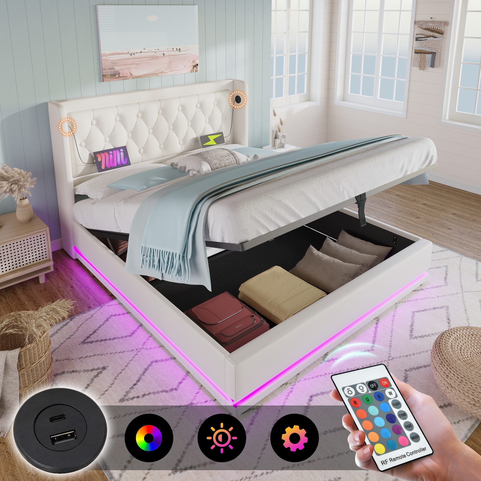 MODFU Polsterbett mit Stauraum Ladefunktion (170x210x101CM,Ohne-Matratze, günstig online kaufen