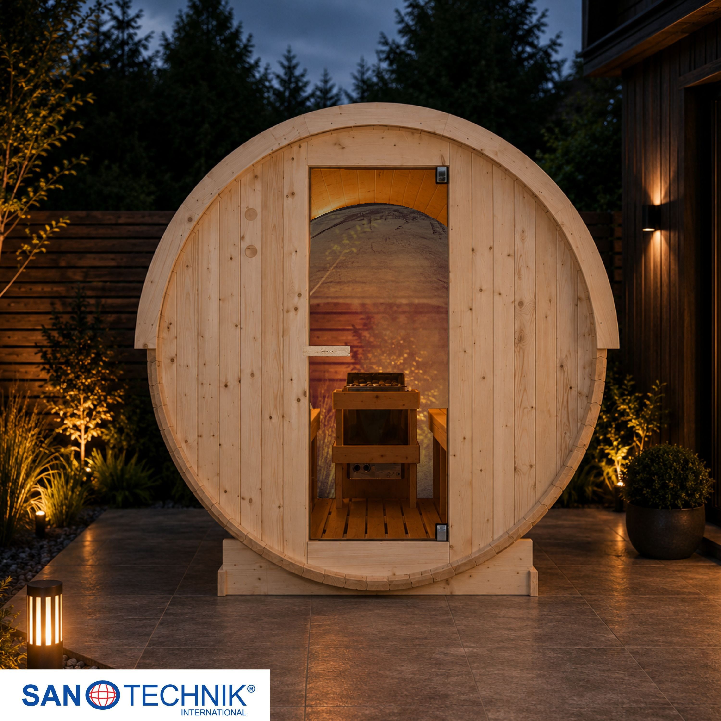 Sanotechnik Sauna Außensauna NYBORG, BxTxH: 194,2 x 204,9 x 194,9 cm, 38 mm, für 4 oder 6 Personen; inkl. 6 kW oder 8 kW Saunaofen und Saunasteine