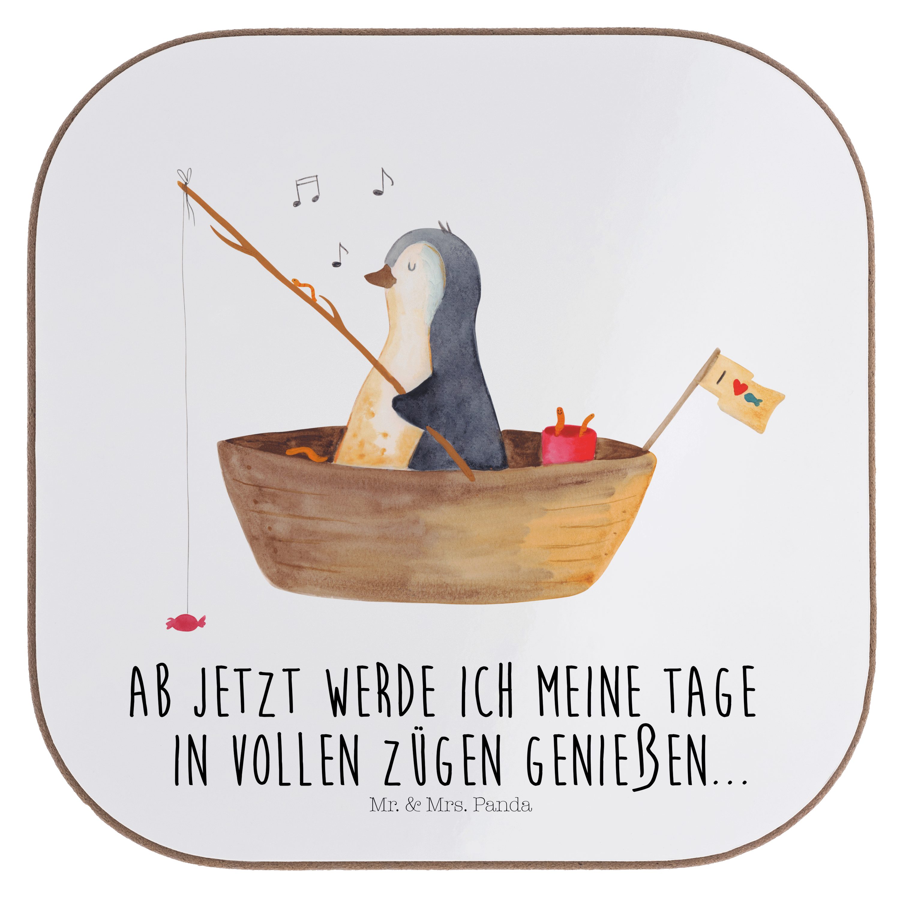 Mr. & Mrs. Panda Getränkeuntersetzer Pinguin Angelboot - Weiß - Geschenk, Untersetzer Gläser, Angeln, Glas, 1-tlg.
