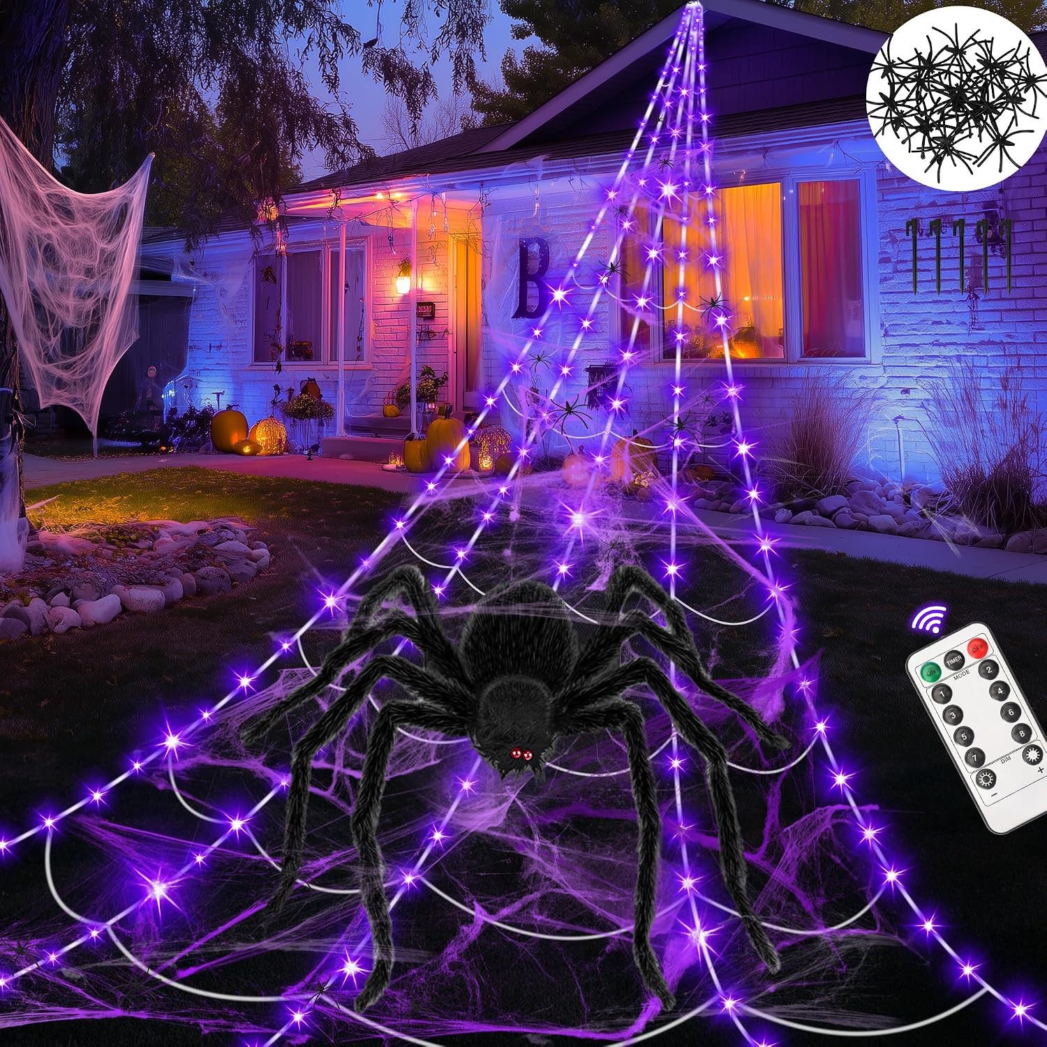 skelo Dekolicht 5M Spinnennetz Halloween Deko Außen, 150 LED mit Fernbedienung & Timer, Dekolicht Halloween, LED fest integriert, Lila Orange, Lila, Riesen Spinnennetz Leuchtend, 8 Lichtmod für Halloween Deko Hof Garten