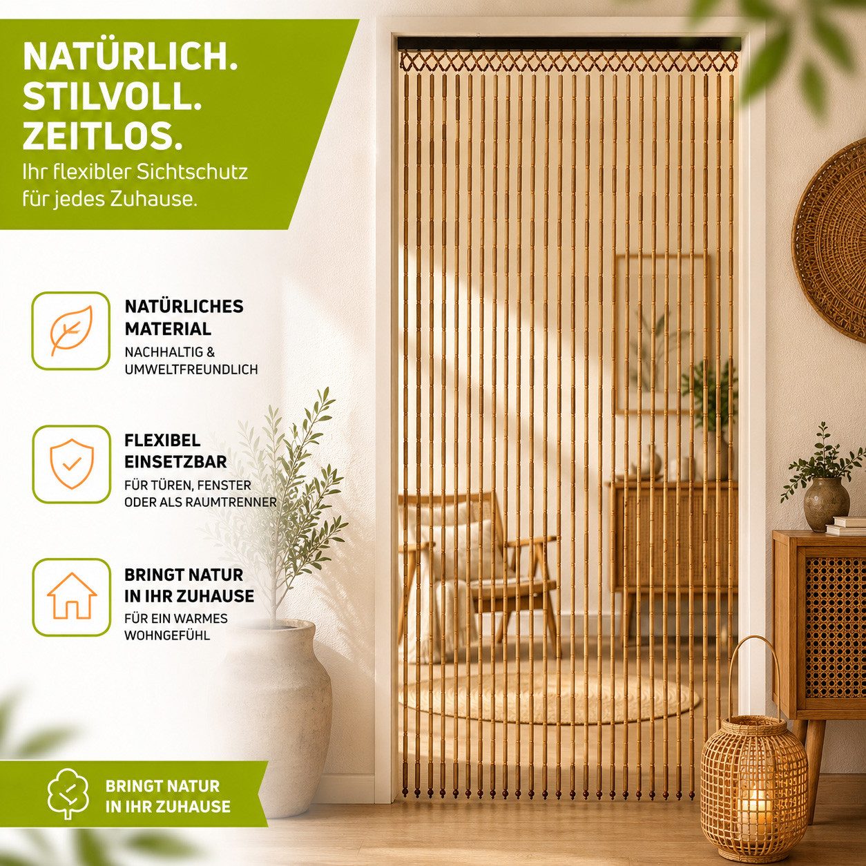 Kobolo Türvorhang Bambusvorhang BAMBOO -Braun Natur - 90x200 cm (1 St), Ösen, transparent