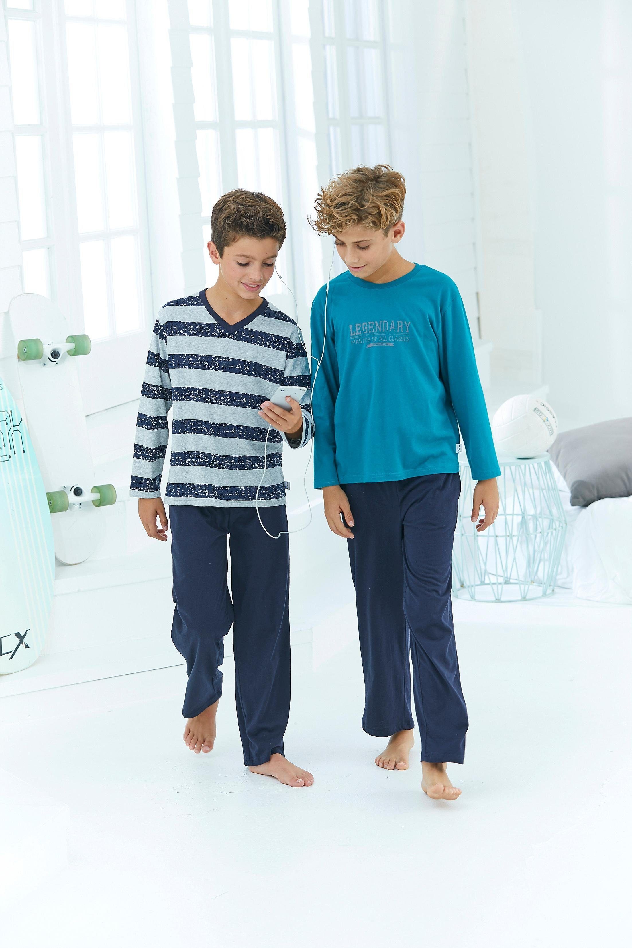 le jogger® Pyjama mit Streifen und Print (4 tlg., 2 Sets) langer Schlafanzug gestreift und bedruckt, aus Baumwolle – Bild 3 von 4