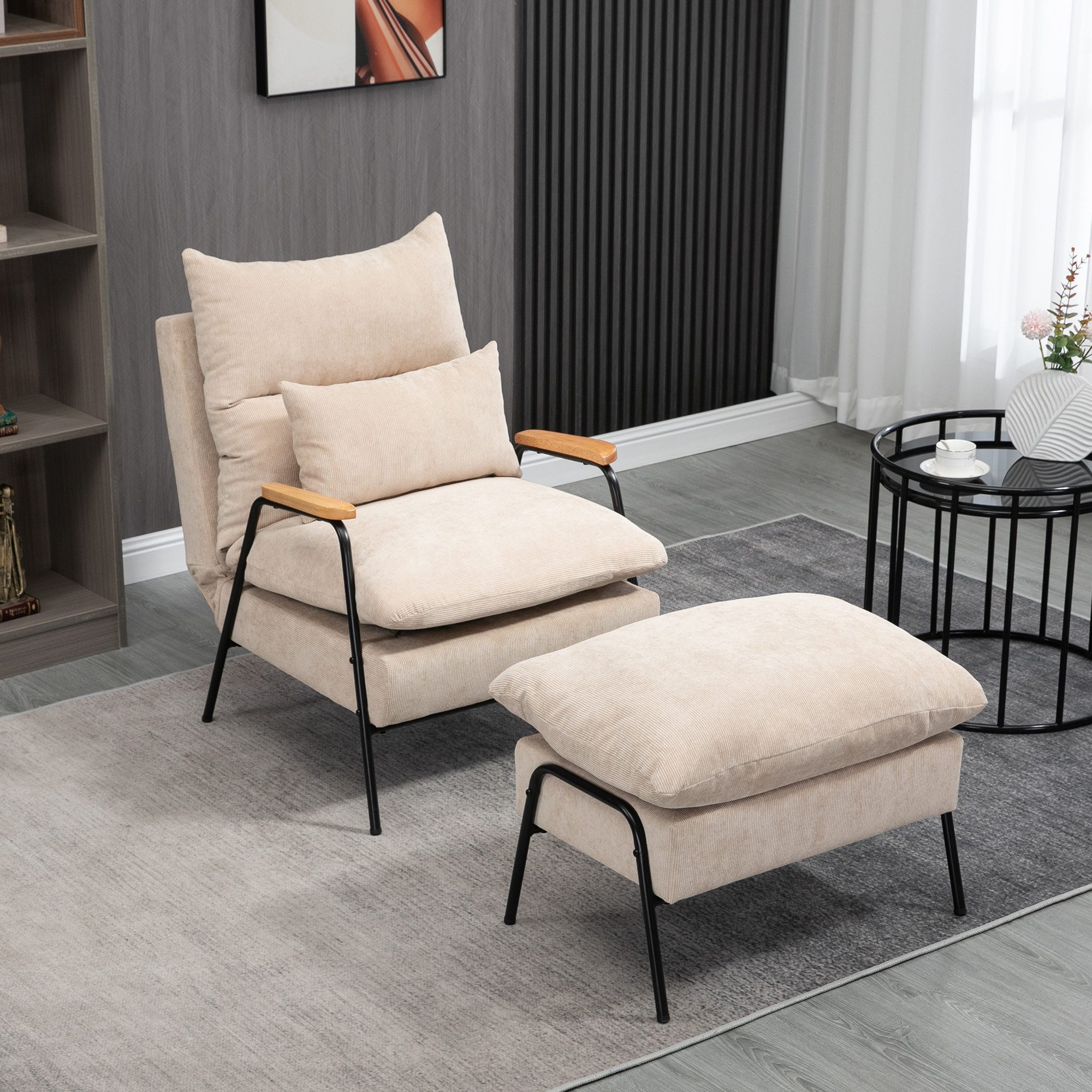 HOMCOM Relaxsessel Hocker Sessel mit verstellbarer Rückenlehne, Liegefunktion (Loungesessel mit Kissen, 2-St., TV-Sessel für Schlafzimmer, Wohnzimmer), 68 x 91,5 x 88 cm, Beige
