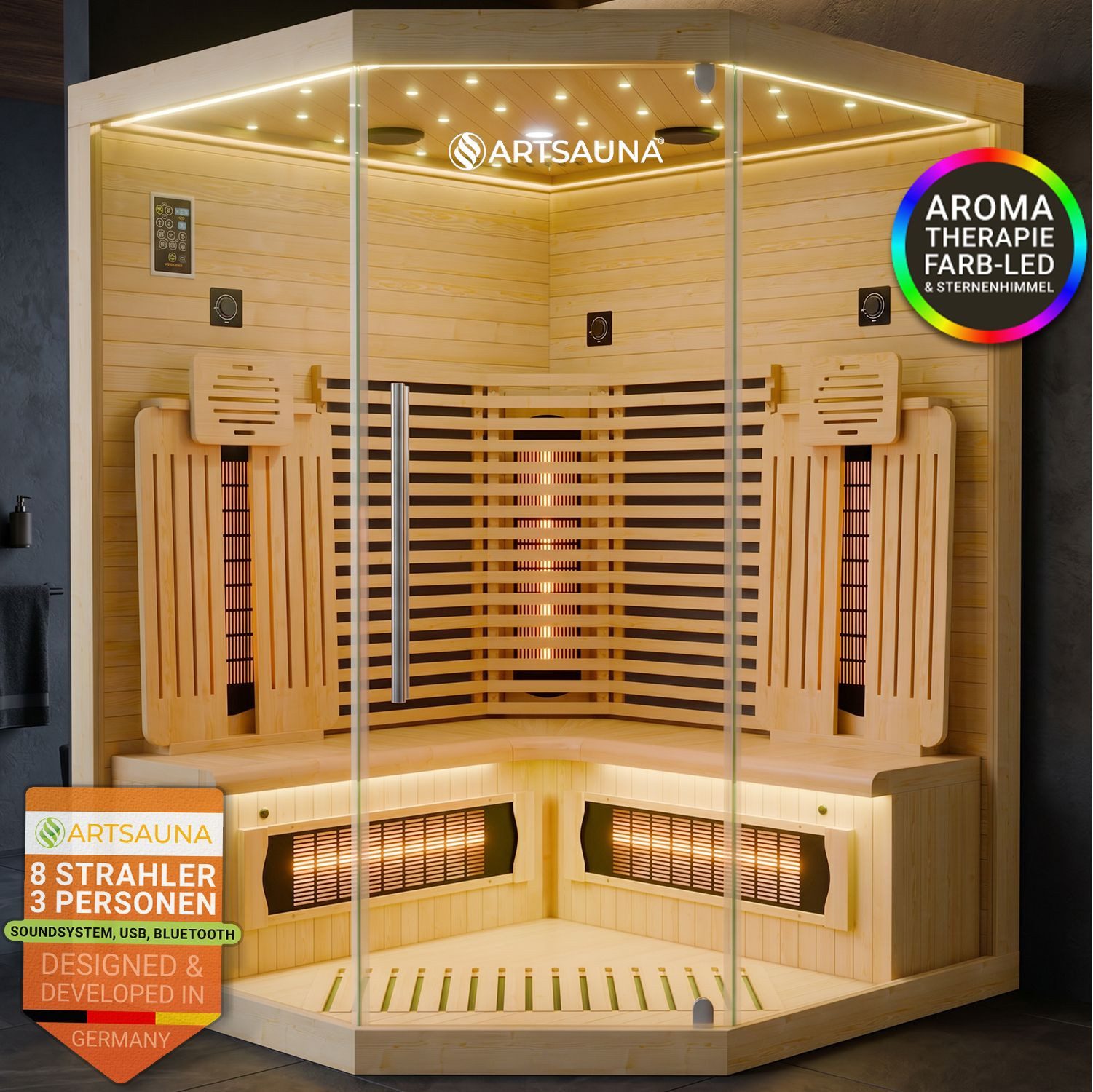 Artsauna Infrarotkabine Malmö140, BxTxH: 140 x 140 x 190 cm, Dual-Technik, Dimmbare Rückenstrahler, 3 Personen, LED-Beleuchtung