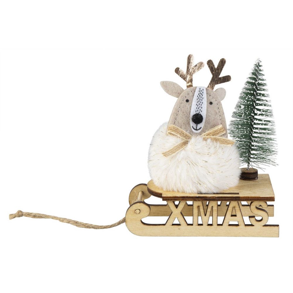 Weihnachtsfigur Rentier auf Schlitten .- Xmas - braun/weiß/grün/gold - ca. 11 x 6 x 12