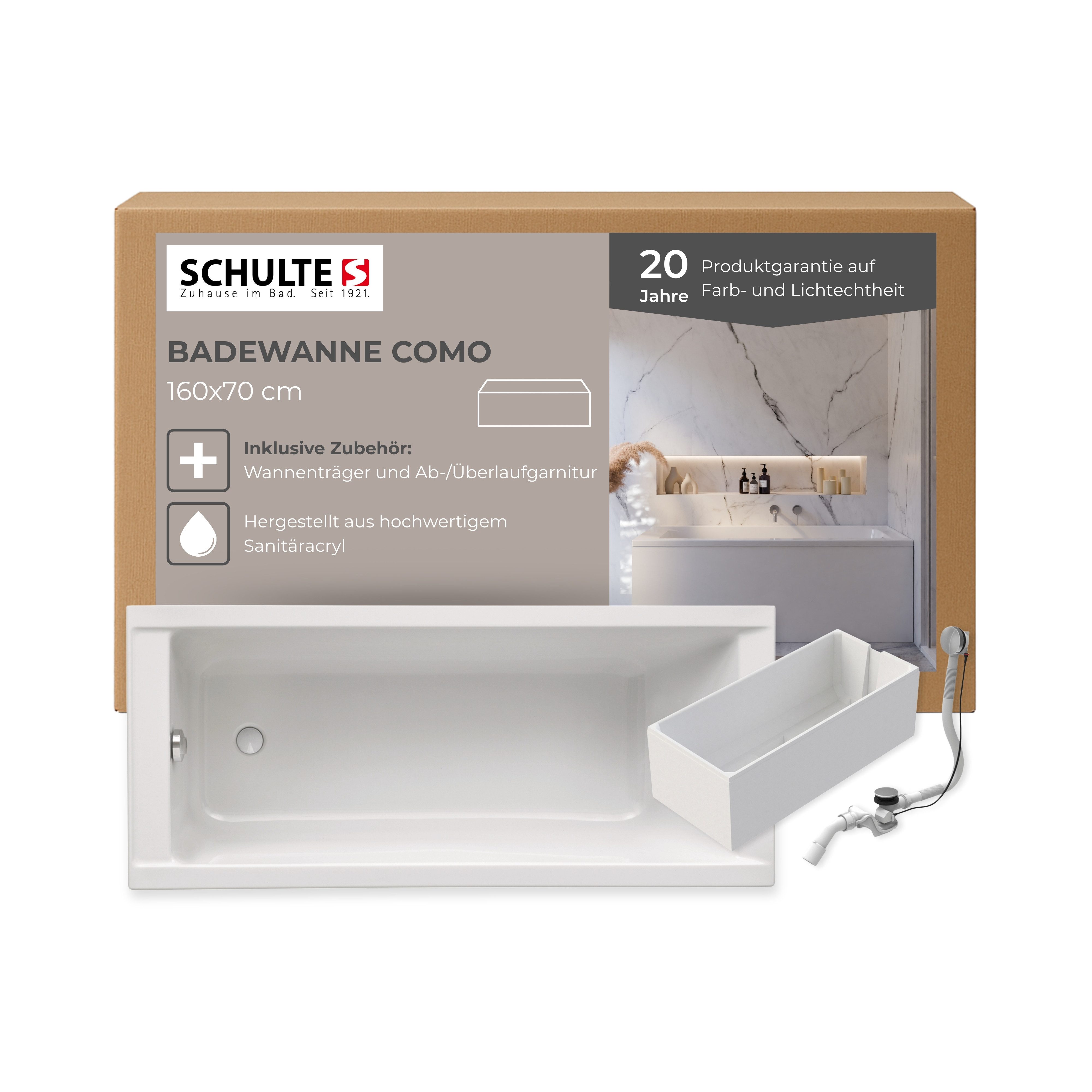Schulte Badewanne Rechteck Como, 160x70 cm Sanitäracryl Weiß Komplett-Set mit Wannenträger und Ablauf
