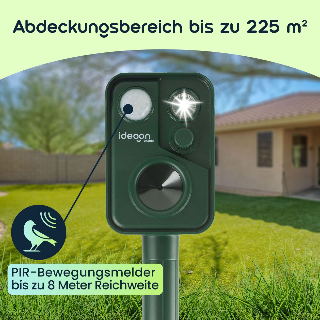 shop'n smile ideoon Wasserstrahl-Tiervertreiber Zuverlässiger Solar-Tierschreck gegen Marder, Vögel, 2-tlg., mit PIR-Sensor & LED Blitzlicht - 13,5-45,5 Hz – Bild 2 von 5