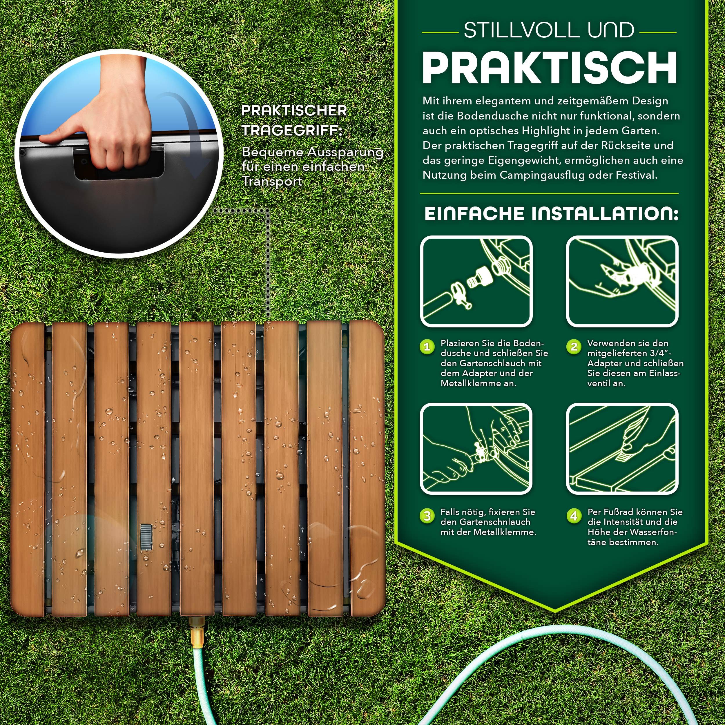 tillvex Gartendusche Outdoor bis 4 m Fontänenhöhe Bodendusche (Campingdusche aus Aluminium/WPC/Holzoptik), mit Fußrad Außendusche rutschfest Saunadusche wetterf – Bild 5 von 5