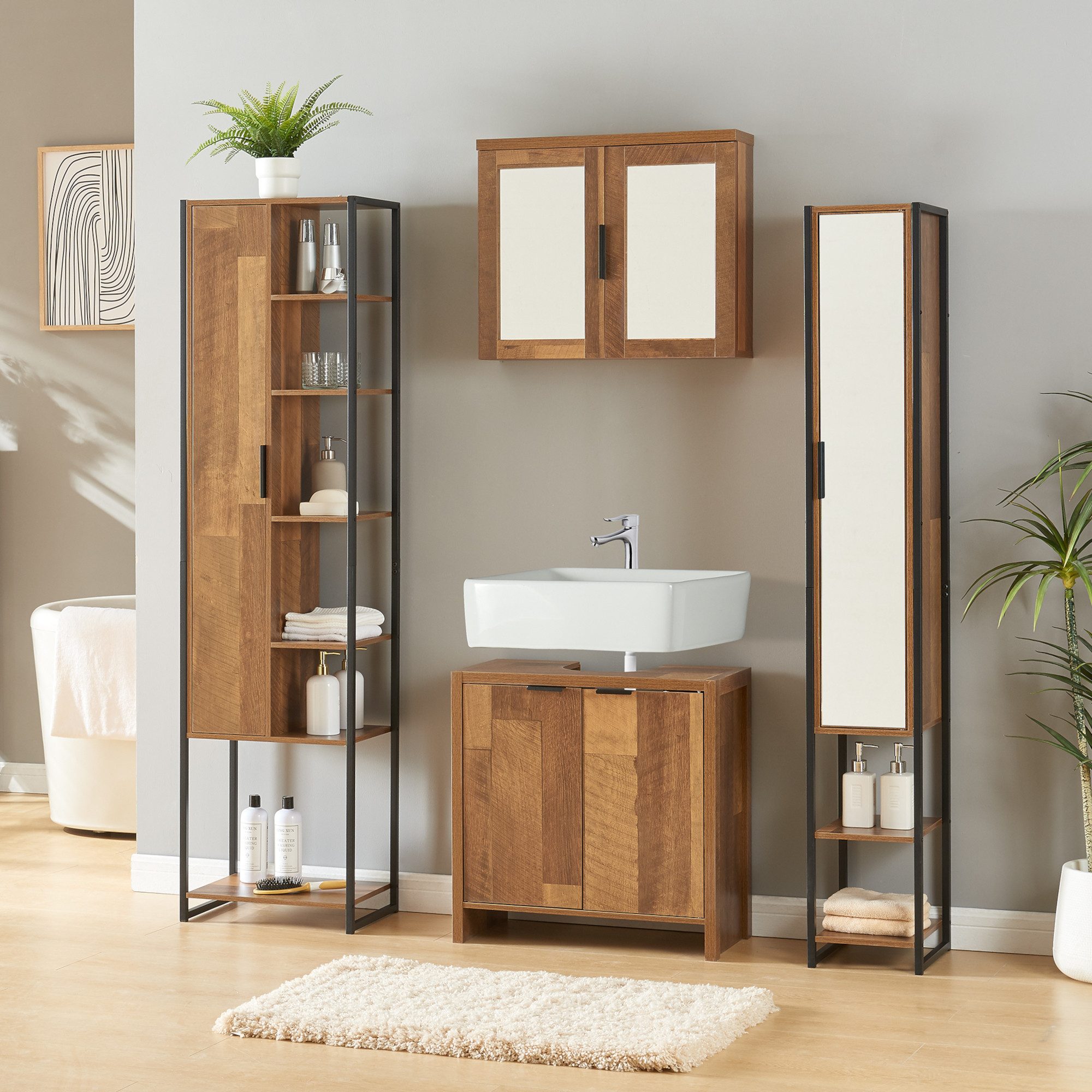 en.casa Badmöbel-Set, (Set, 4-St., 1x Waschbeckenunterschank, 1x Spiegelschrank, 2x Hochschrank), »Namsskogan« Walnussoptik