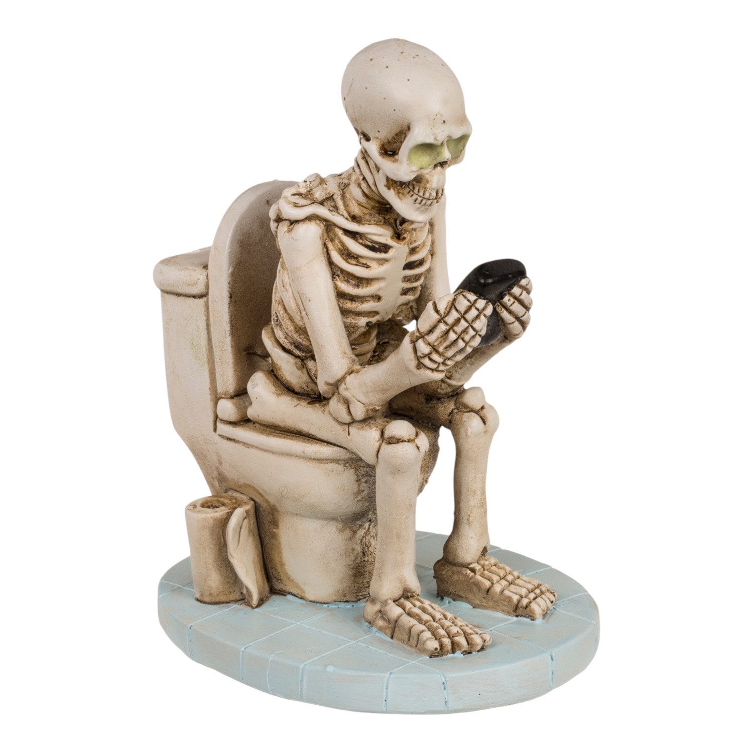 Dekofigur Skelett mit Handy auf Toilette Dekofigur Halloween Deko Figur aus