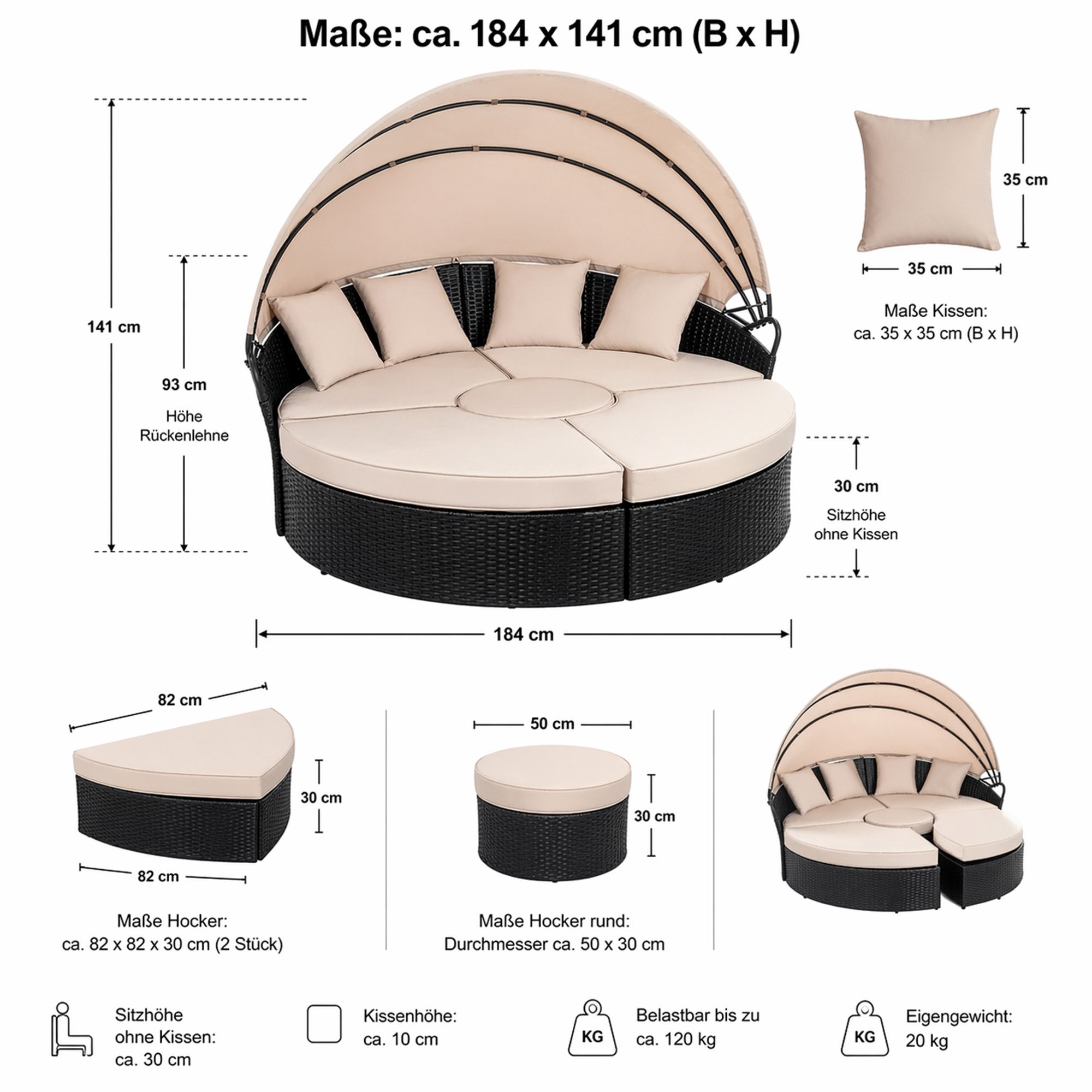 Mucola Gartenlounge-Set Sonneninsel 180CM Polyrattan Gartenmuschel Gartenliege Loungebett, (Stück, Exklusiv), Wasserabweisend