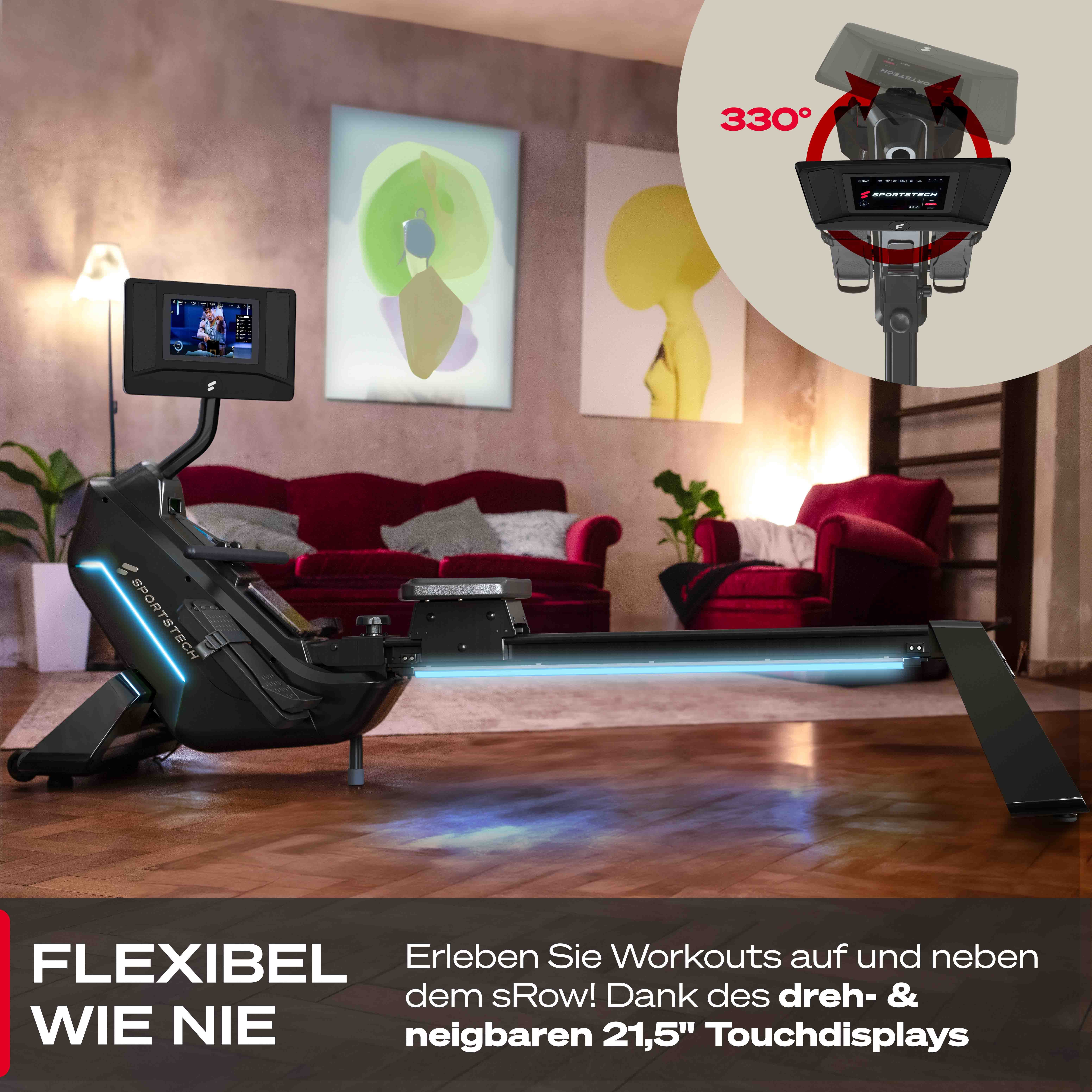 Sportstech Rudergerät sRow, 21,5" Touch-Display, LED-Feedback, Kurse