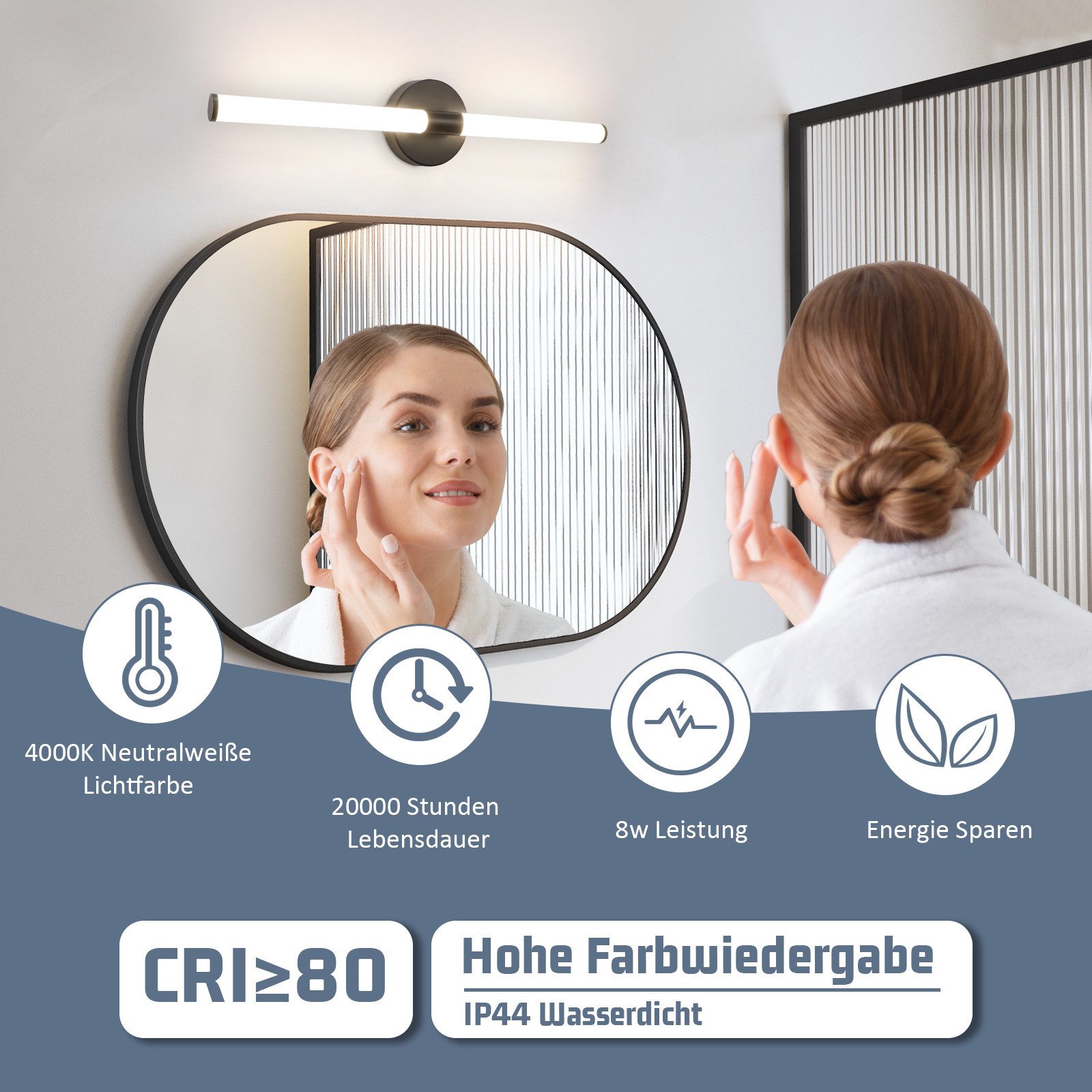 Glitzerlife Spiegelleuchte Bad Wandlampe LED - 8W Badlampe 60CM Wandleuchte 4000K Neutralweiß Modern IP44 Wasserdicht Badlampe Chrom Für Badschrank Keller Küche_voghion.com