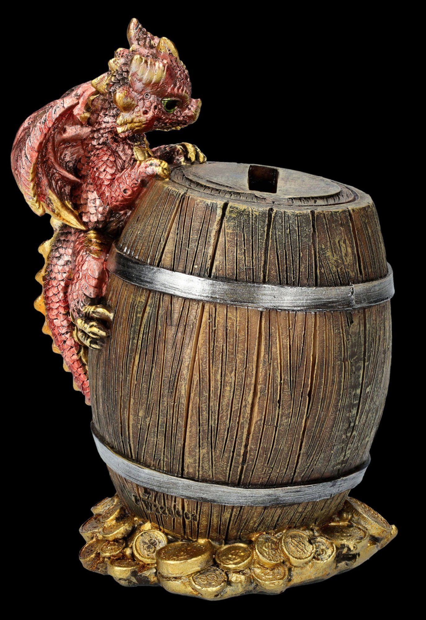 Figuren Shop GmbH Spardose Spardose - Drache auf Faß - Fantasy Sparbüchse Dekoration