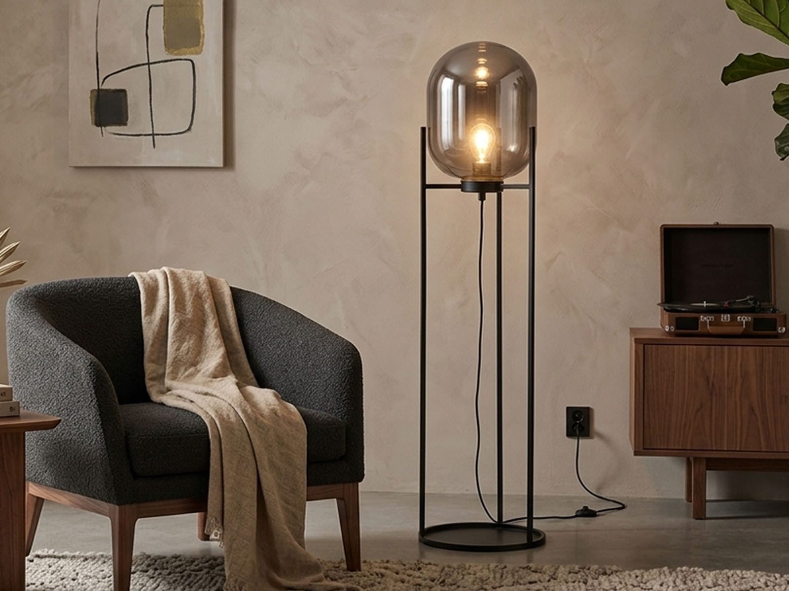 FISCHER & HONSEL LED Stehlampe mit Rauchglas Lampenschirm, Höhe 110cm, Dimmfunktion, LED wechselbar, Warmweiß, klein-e Industrial Style Bodenlampe dimmbar, Stehleuchte mit Metallfuß
