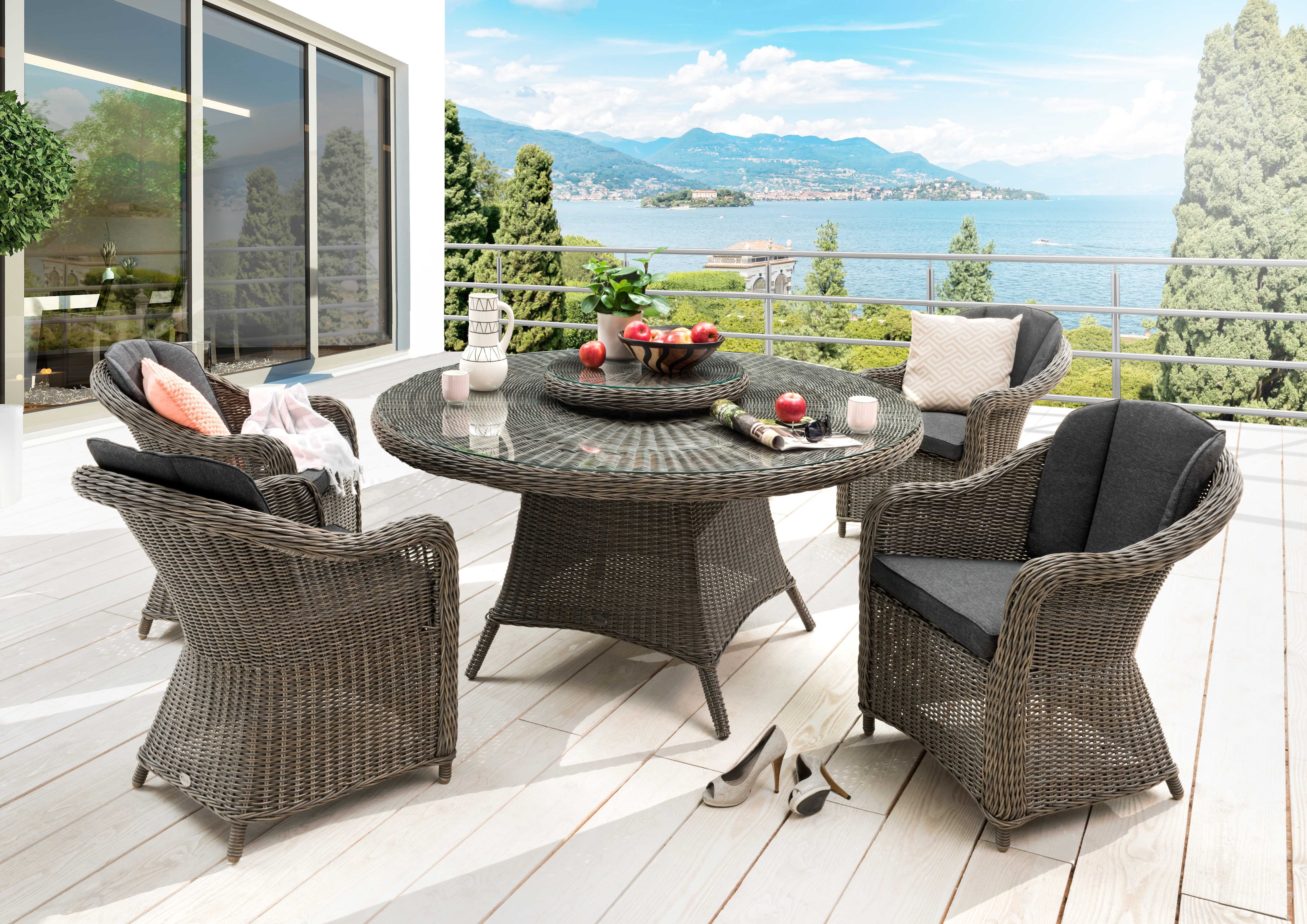 Destiny Garten-Essgruppe MALAGA LUNA 4 Se + Tisch Ø 150x75cm vintage grau, (Set, 5-tlg., 4 Sessel inkl. Polster, 1 Tisch mit Drehteller u. aufgel. Glasplatten), Aluminium, Polyrattan