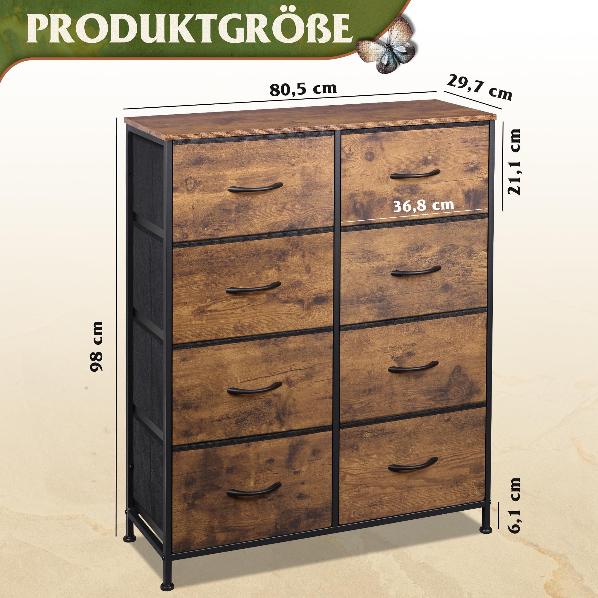 WLIVE Kommode mit 8 Schubladen, Schubladenkommode aus Holz und Metall (30 x 80,5 x 98 cm Kommode Schlafzimmer Wohnzimmer Flur), Schmaler Schrank mit viel Stauraum, Modern & Stabil