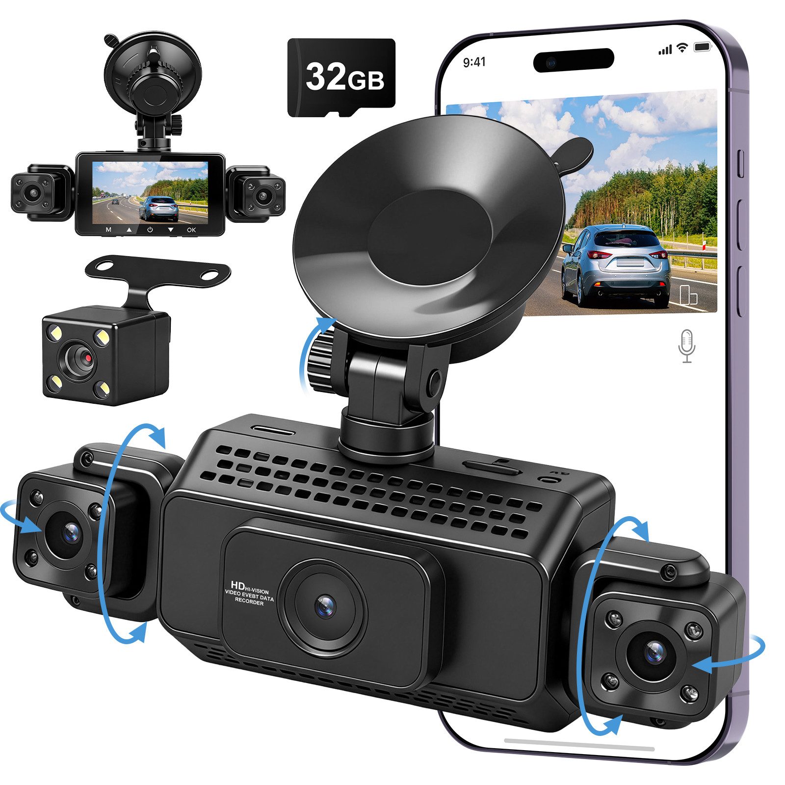 CkeyiN Pro 1080P Dashcam Auto,4-Kanal Dashcam (1080, 3-Zoll,WiFi DashCam mit 32GB Karte, G-Sensor, mit Nachtsicht, WDR, 140° Weitwinkel, Loop-Aufnahme)