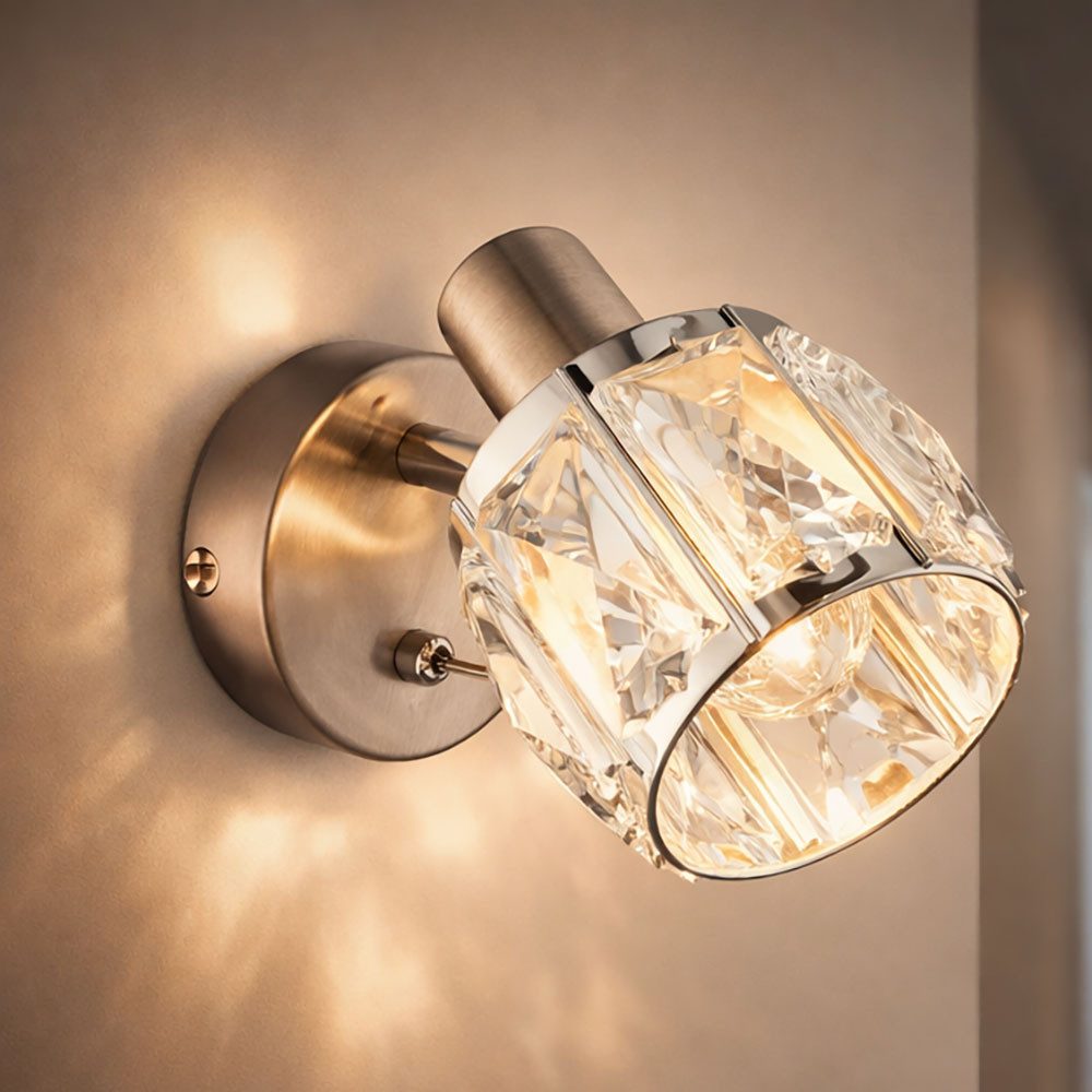 GLOBO LIGHTING Wandleuchte, Leuchtmittel nicht inklusive, Wandleuchte Glaskristalle Schalter Wohnzimmer Chrom Innen Beleuchtung