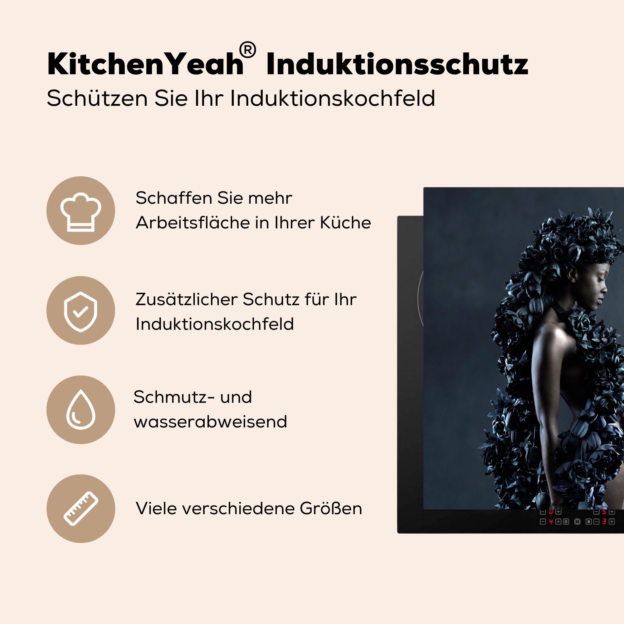 tlg), Schwarz, Frau cm, Blumen Vinyl, Arbeitsplatte Ceranfeldabdeckung, MuchoWow (1 78x78 - Herdblende-/Abdeckplatte küche für -