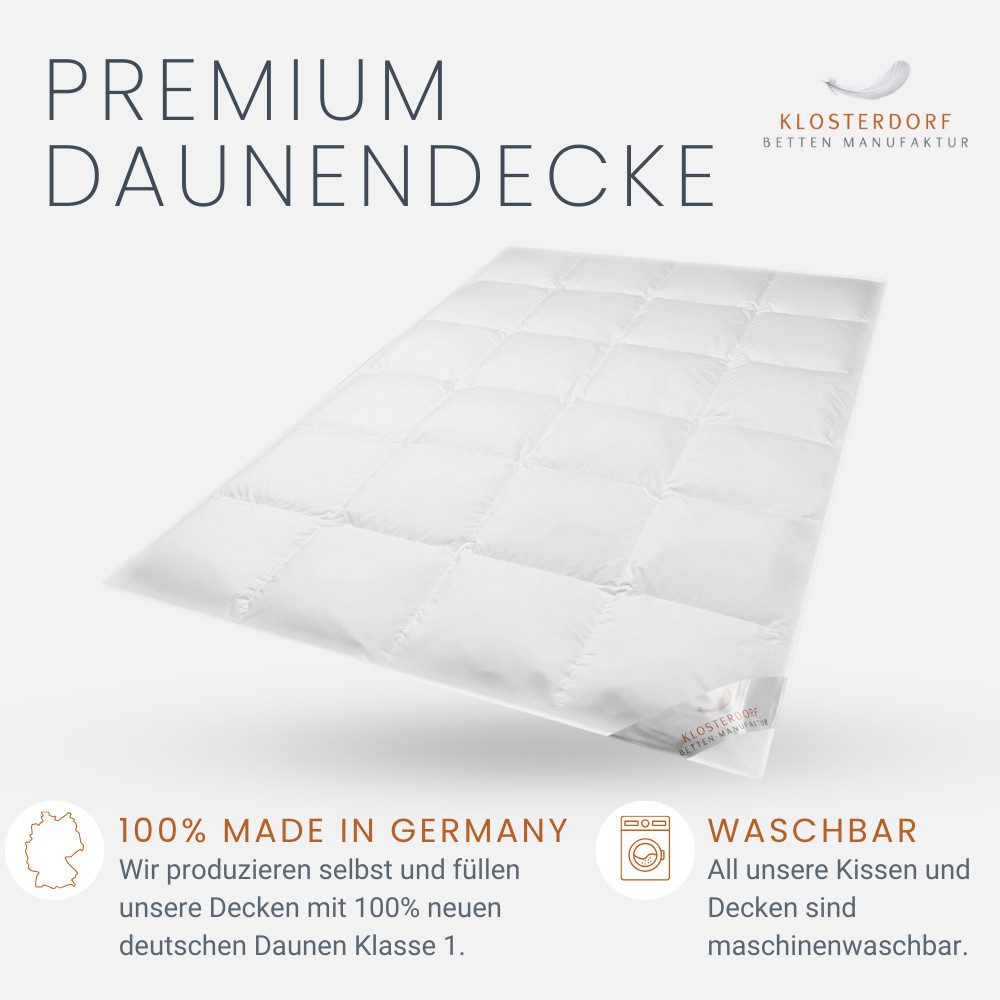 Klosterdorf Betten-Manufaktur Daunenbettdecke Premium Daunendecke Sommerdaunendecke Sommerdecke - nonplusultra -, Füllung: 100% neue reine weiße deutsche Gänsedaune Klasse I, Für erholsamen und gesunden Schlaf, liebevolle Handarbeit aus unserem deutschen Familienbetrieb