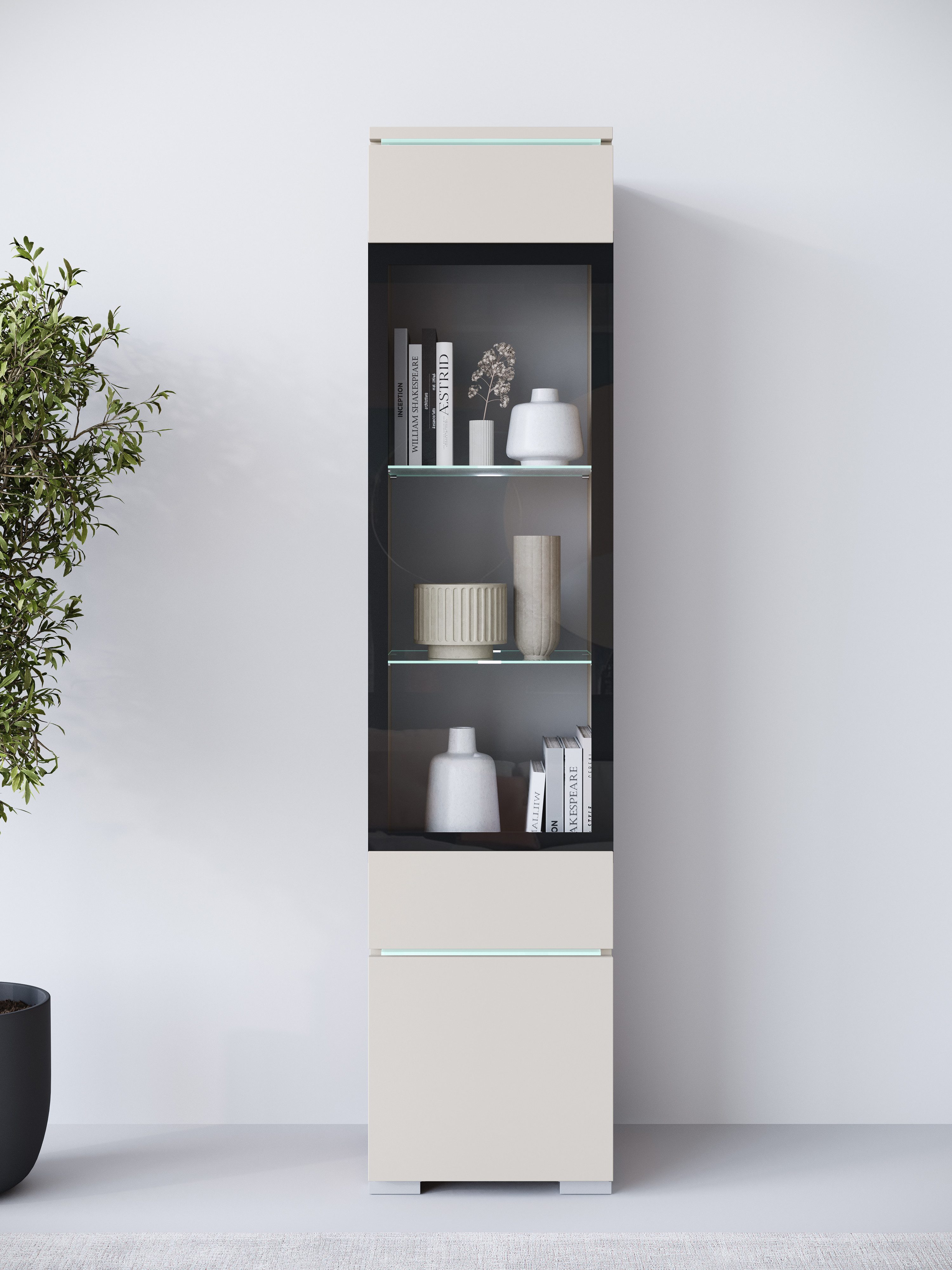 Home affaire Vitrine Vera, Glasvitrine, Höhe 130 cm, in verschiedenen Farbausführungen (1-St) LED-Beleuchtung, Türanschlag frei wählbar, stehend/hängend