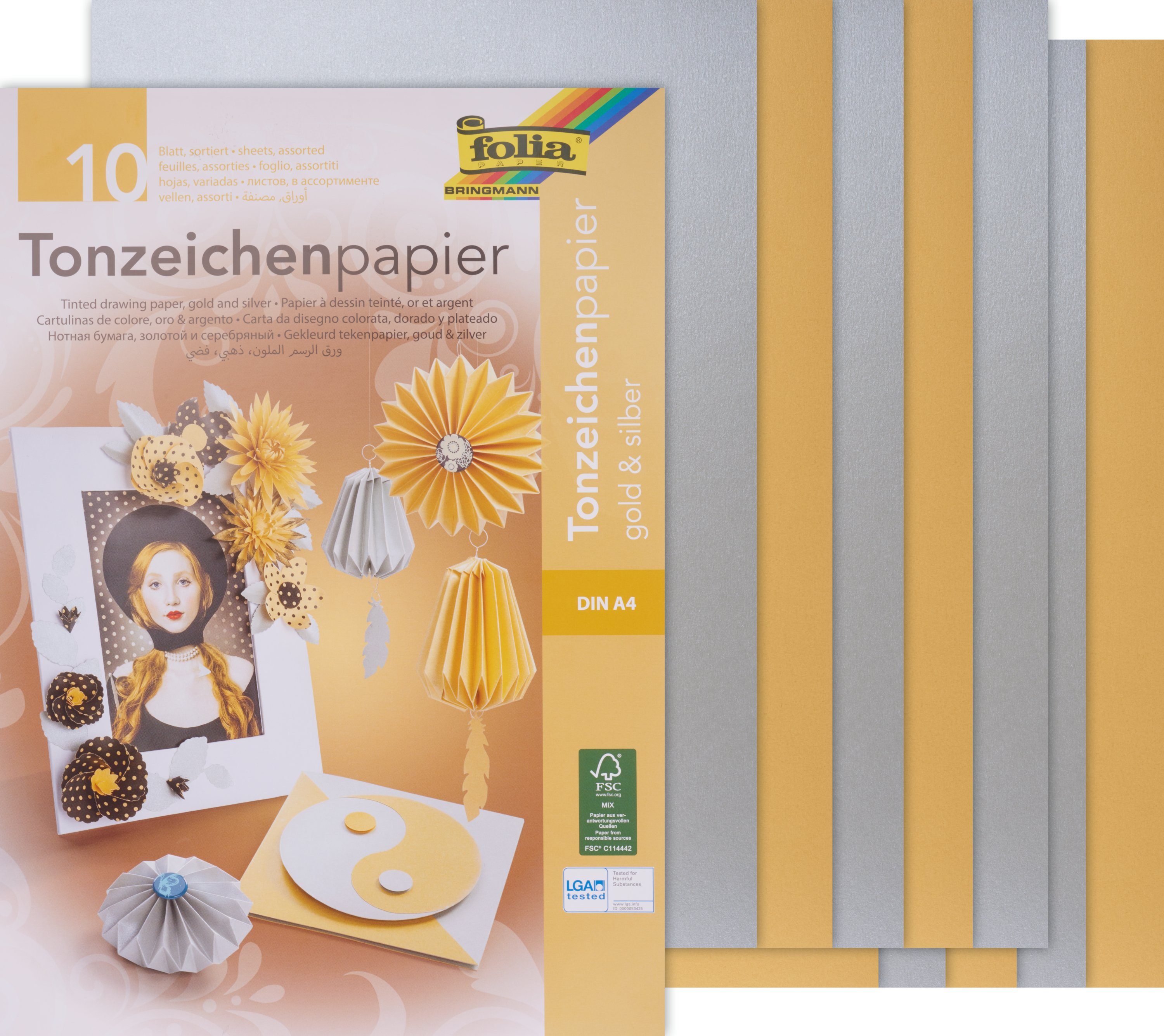 Folia Designpapier, DIN A4, gold und silber, 10 Blatt