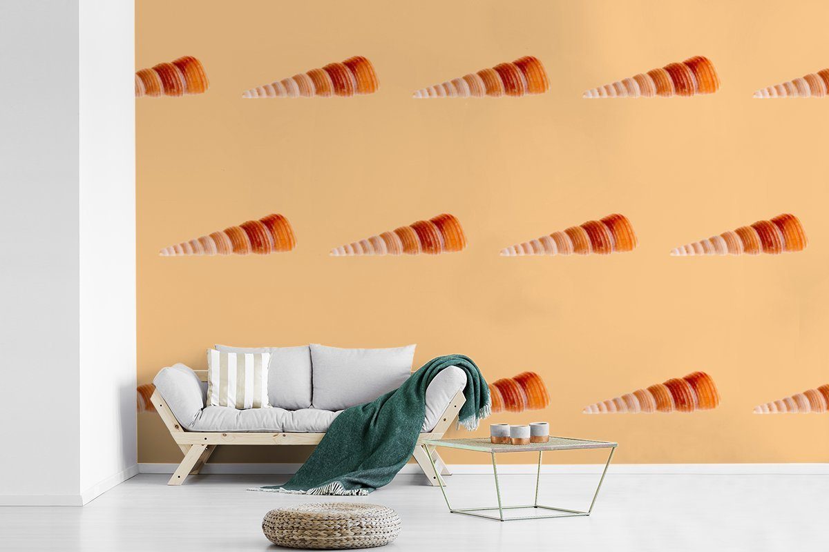 MuchoWow Wallpaper St), Vinyl Muscheln Schlafzimmer, - Muster Orange, Kinderzimmer, Matt, für bedruckt, Fototapete (6 Tapete Wohnzimmer, -