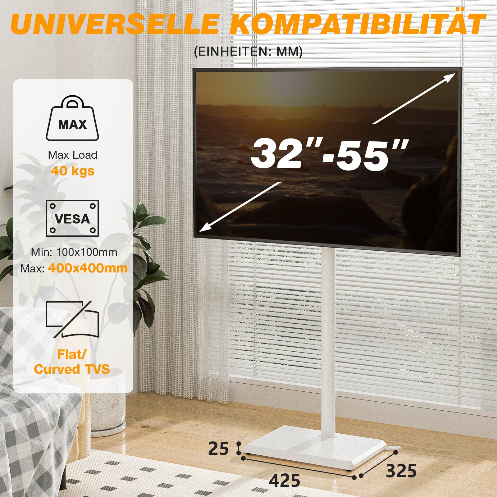 TVON TV-Ständer für 32-55 Zoll Fernseher höhenverstellbar schwenkbar, (bis 55 Zoll, 1-tlg., Max. VESA 400x400 mm bis 40 kg)