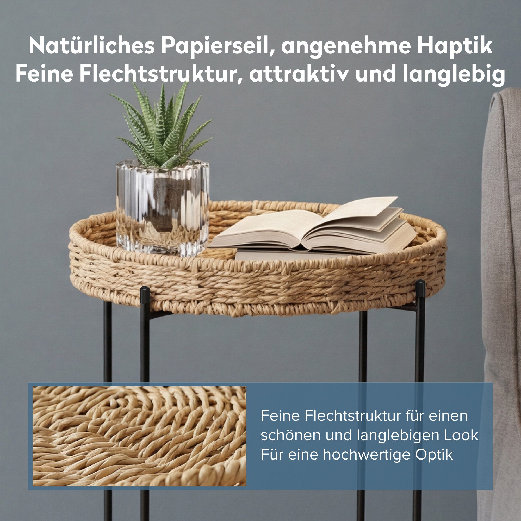 doporro Beistelltisch Couchtisch kleiner Tisch mit 1/2 geflochtenen Ablagen rund Reglo-08, Zwei Materialien zur Auswahl