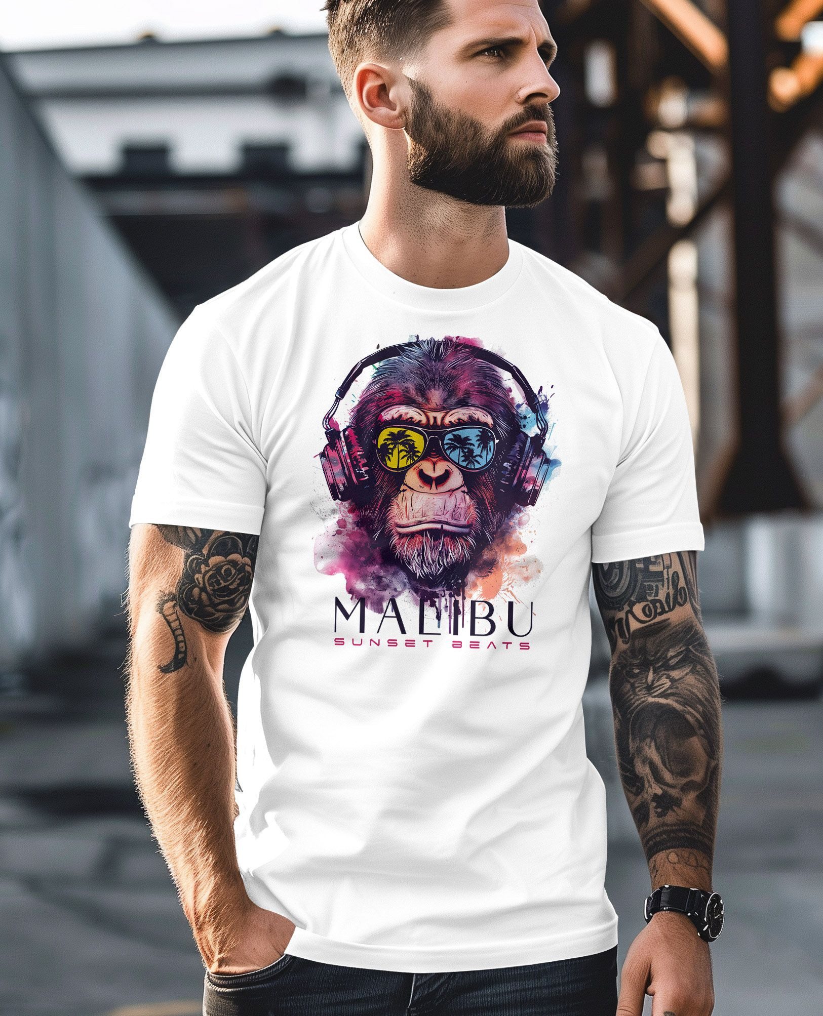 Neverless Print-Shirt Herren T-Shirt Affe mit Kopfhörer Musik Motiv Party Festival Sommer mit Print – Bild 4 von 5