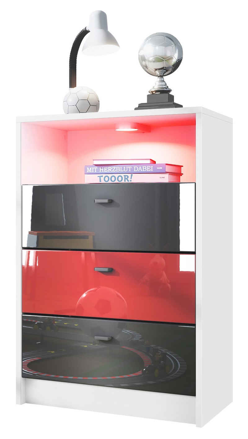 Vladon Kommode Pino (Anrichte, mit 3 Schubladen inkl. RGB LED Beleuchtung), Fußball Leverkusen - Schwarz, Rot & Schwarz glänzend (56x86,5x36 cm)