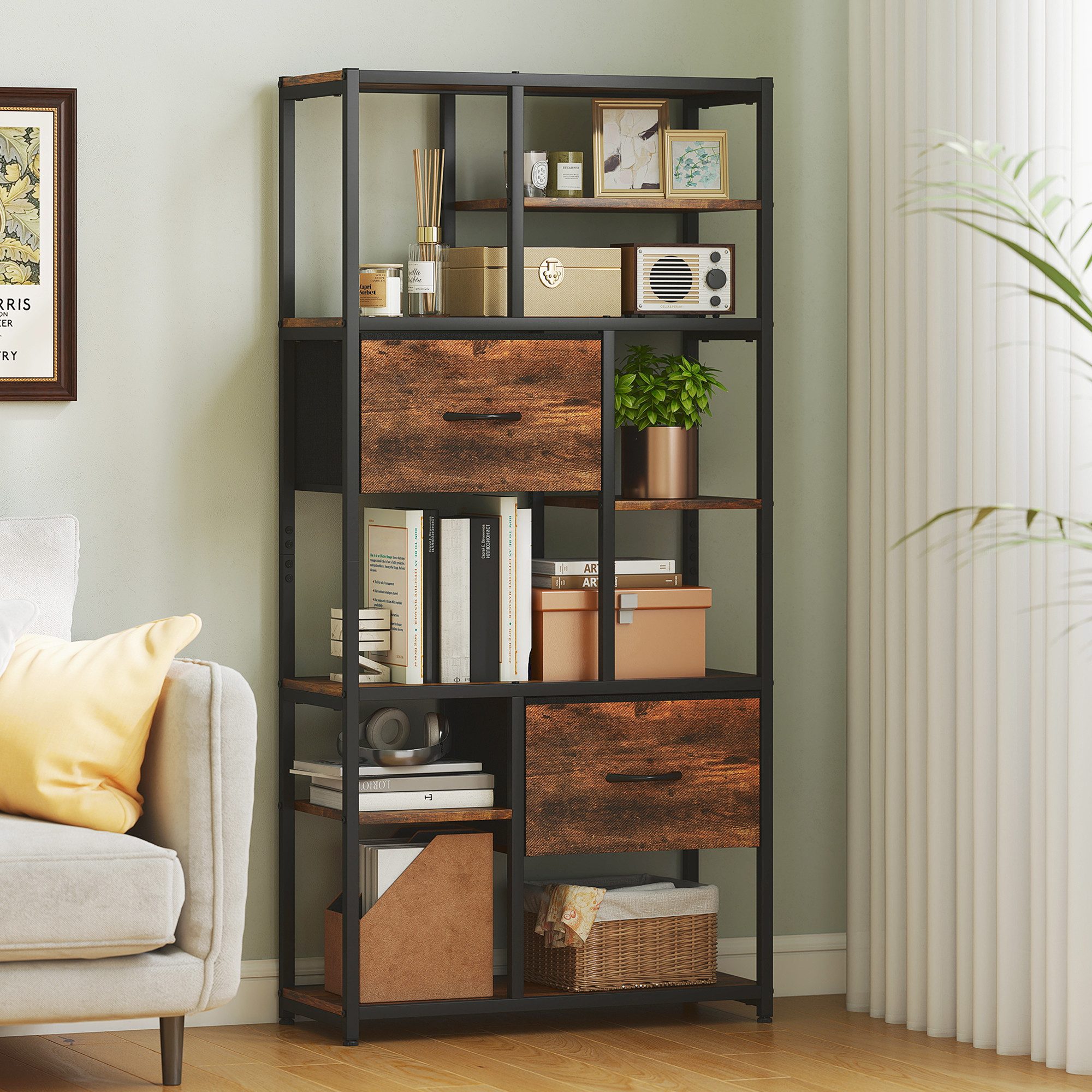 HOMCOM Standregal Bücherregal mit 2 Stoffschubladen, 9 offenen Fächern, Aufbewahrungsregal 1-tlg., für Büro, Wohnzimmer, Schlafzimmer, 72,5x30x150 cm, Rustikal-Braun