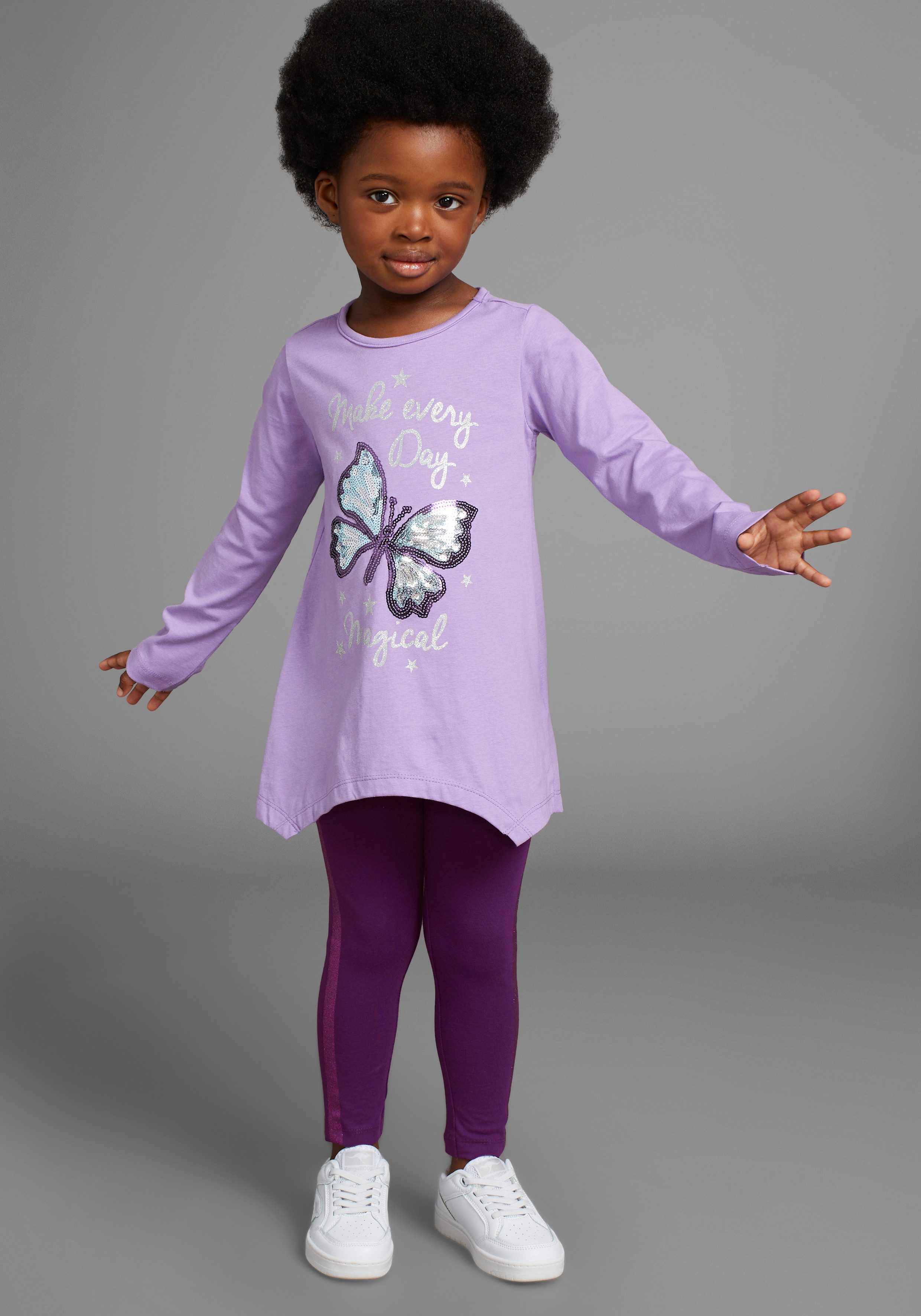 KIDSWORLD Langarmshirt & Leggings 2tlg. Set Shirt + Leggings mit Glitzerdetails (Set, 2-tlg., 2) niedlicher Schmetterling für kleine Mädchen