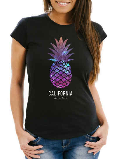 Print-Shirt Damen T-Shirt Ananas Galaxy Galaxie Wasser Ozean Slim Fit Neverless® mit Print