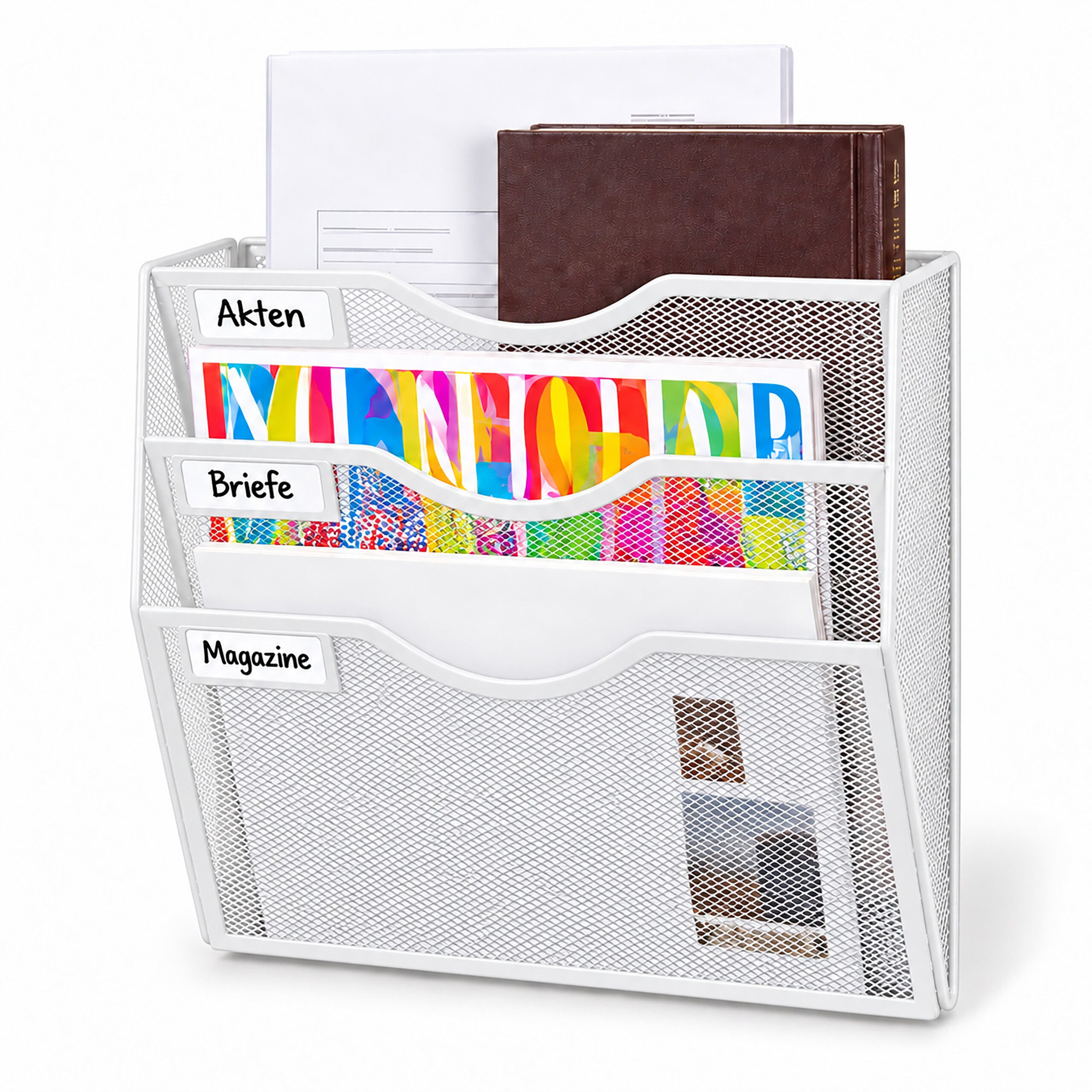 relaxdays Zeitungsständer Zeitschriftenhalter Metall Wandmontage (1 St), weiß, 3 Ablagen