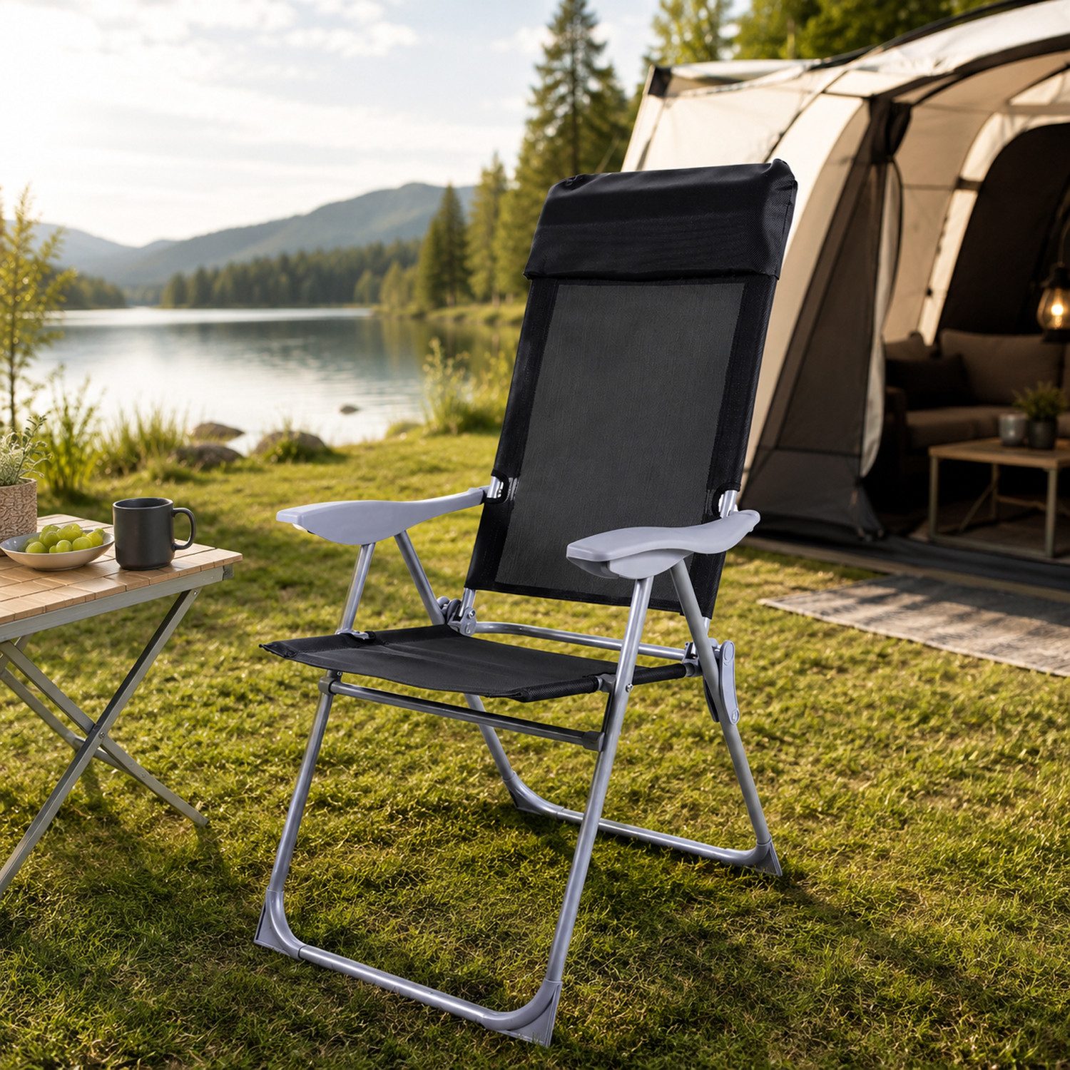 Mojawo Armlehnstuhl Camping Sessel Garten Klappstuhl Campingstuhl Alu Textilen schwarz