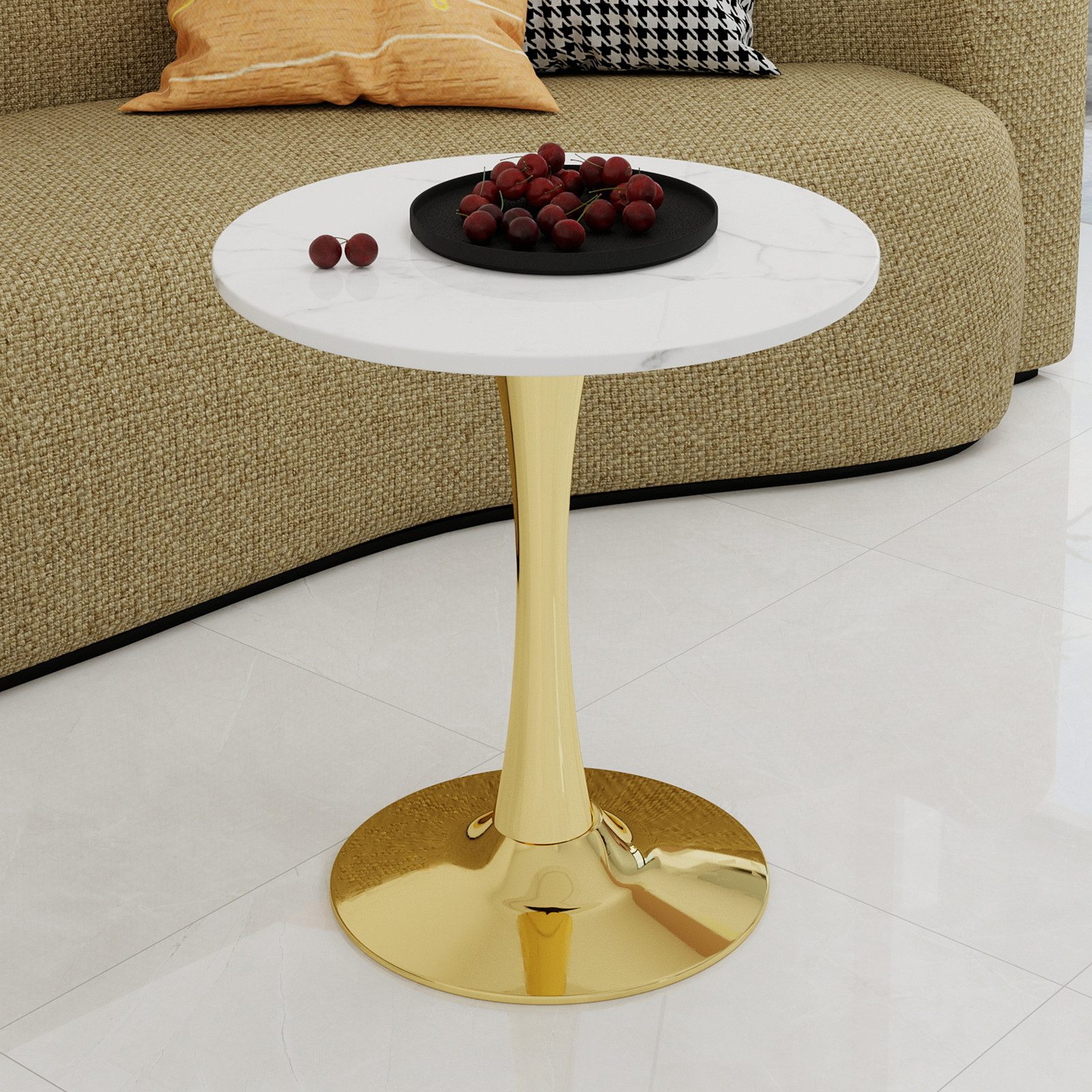 Odikalo Couchtisch Beistelltisch Wohnzimmertisch Sofatisch Esstisch Schwarz Weiß Grau (27,6 Zoll Durchmesser Esstisch im Mid-Century-Modern-Stil geeignet für 2-4 Personen mit runder Marmorplatte in weißer Maserung vielseitig einsetzbar für verschiedene Umgebungen)