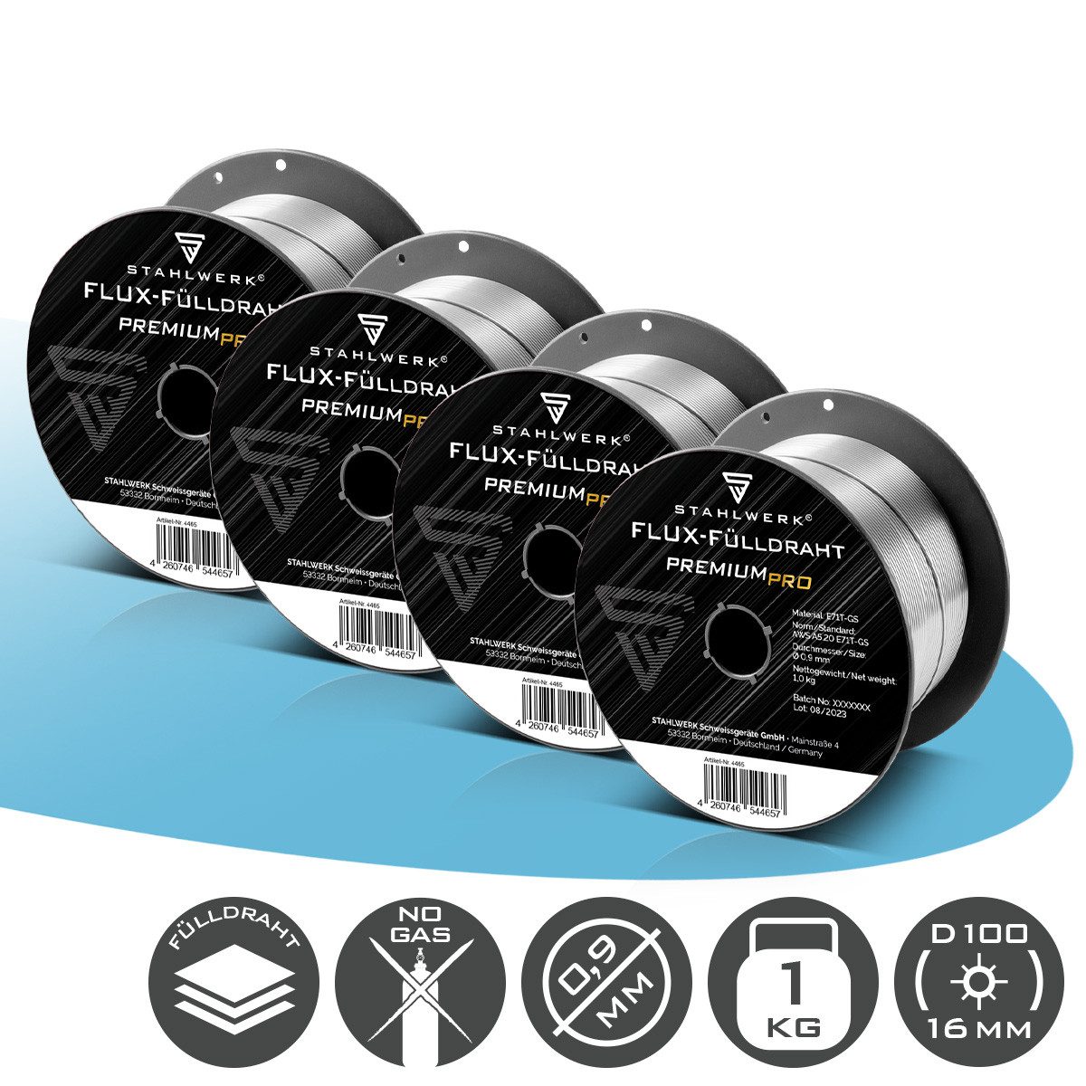 STAHLWERK Schweißdraht Fülldraht 4er Set FLUX E71T-GS 0,9 mm 1 kg Drahtrolle D100 MIG MAG, (Packung), chemische Zusammensetzung garantiert bessere Schweißergebnisse