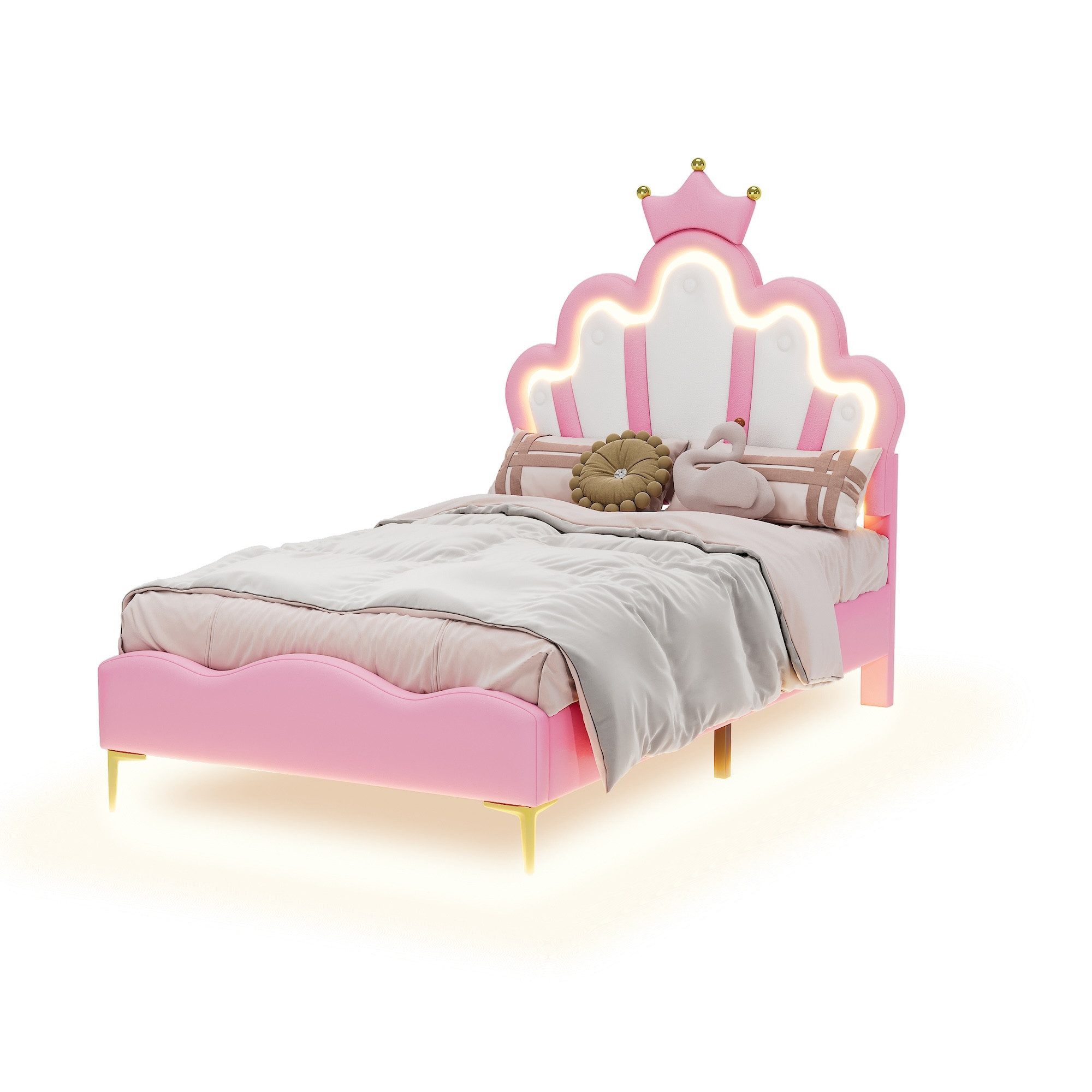 SOFTWEARY Prinzessinbett mit LED-Beleuchtung (90x200 cm, höhenverstellbarer Kopfteil), Mädchenbett, Polsterbett für Mädchen, Einzelbett, Kunstleder