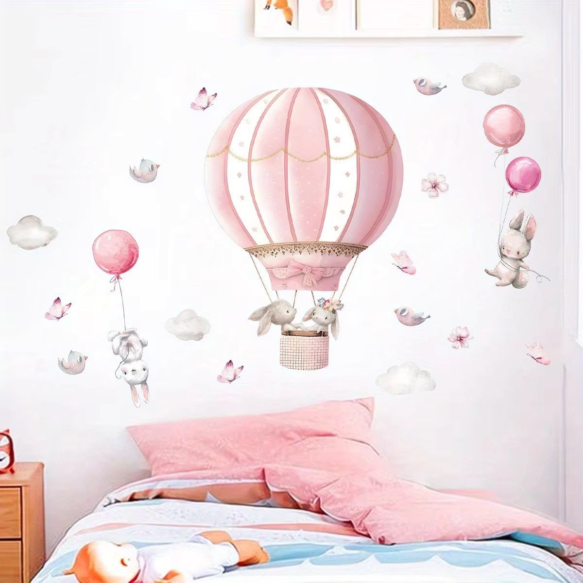 Montegoni Wandtattoo Wandsticker Kinder mit Niedliche Kaninchen-Rosa-Ballon-Wolken (Wandaufkleber Dekoration für Kinderzimmer, Mädchenzimmer, Kindergarten), Wandaufkleber Dekoration für Kinderzimmer, Mädchenzimmer