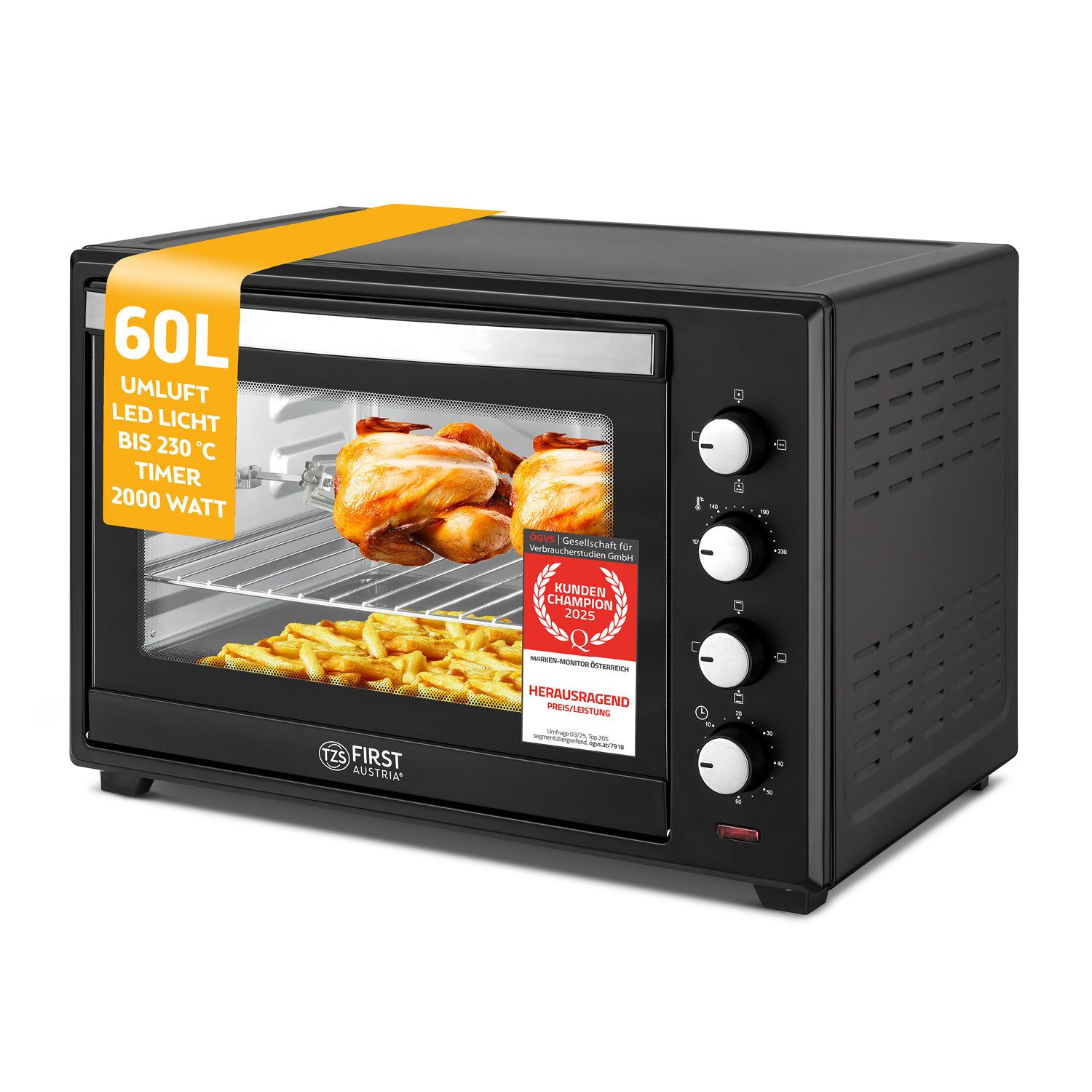 TZS FIRST AUSTRIA Minibackofen Pizzaofen, 2000W, 60L, mit Innenbeleuchtung, Umluft-Funktion, Drehspieß für 2 Hühnchen, Mini Backofen, herausnehmbares Krümelblech