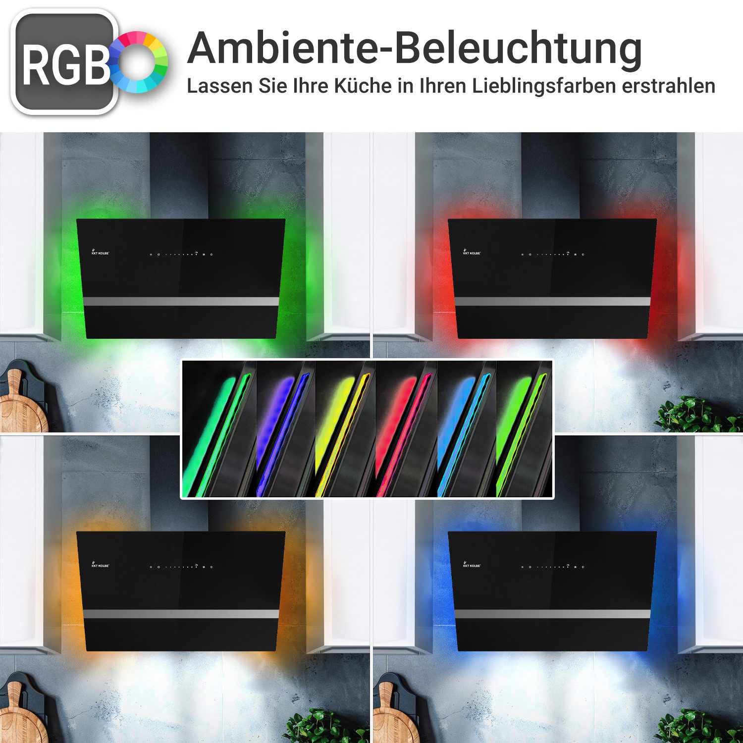 KKT KOLBE Wandhaube Dunstabzugshaube 80cm EASY8005SM RGBW Ambientebeleuchtung Dunstabzugshaube 80cm EASY8005SM RGBW Ambientebeleuchtung, Abzugshaube / Abluft / 80cm / Schwarz / Glas / LED / Smarte WiFi-App