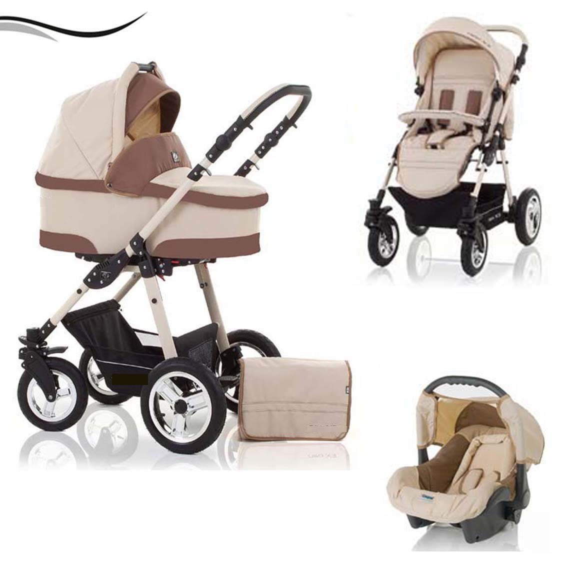 babies-on-wheels Kombi-Kinderwagen City Star 3 in 1 inkl. Autositz - 16 Teile - von Geburt bis 4 Jahre in 16 Farben Sand-Braun