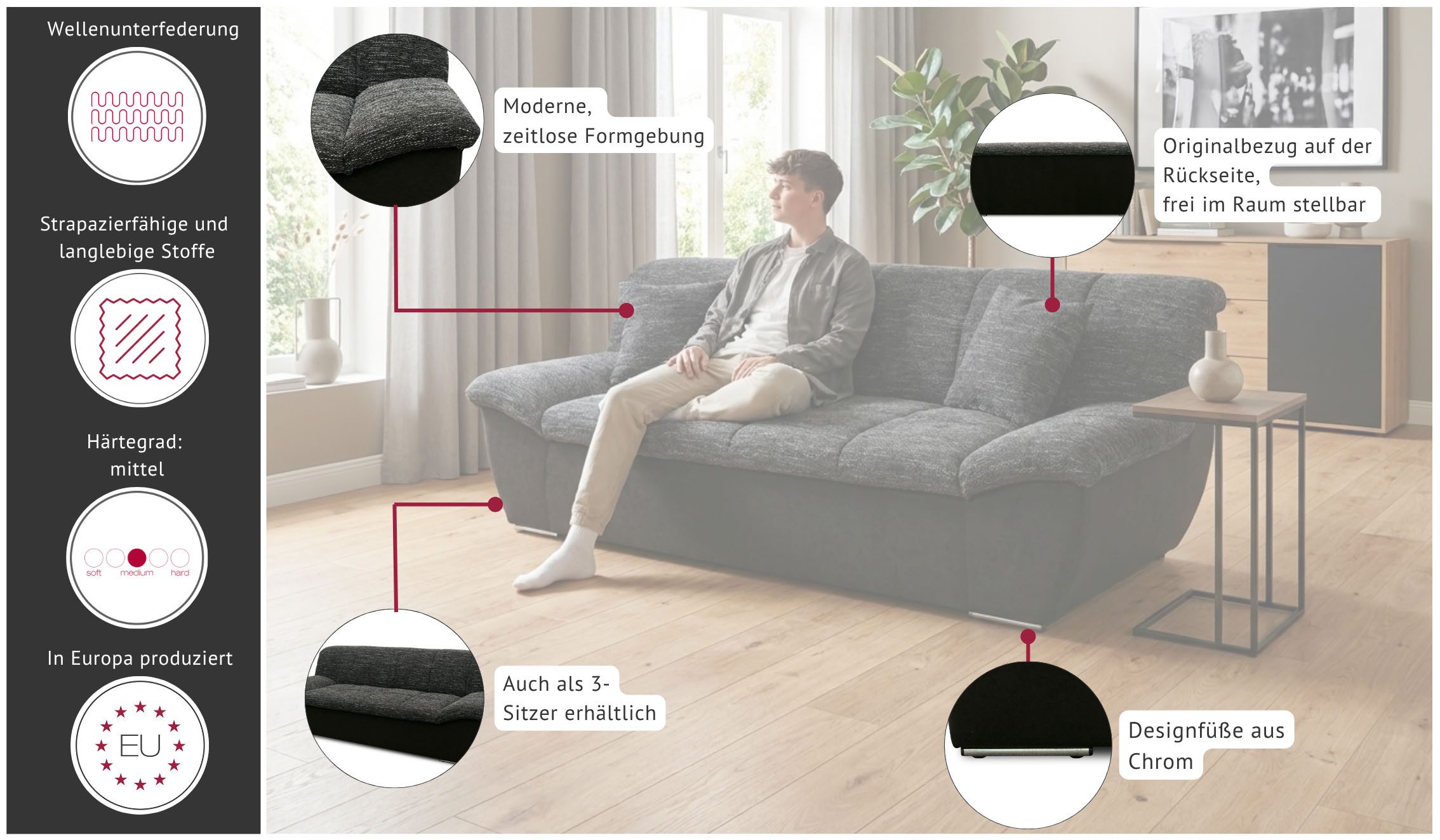 OTTO home 2-Sitzer Saltrum 211 cm breit, formschön, komfortabel, mit Ziernähen in Rücken und im Sitz, pflegeleichter Bezug