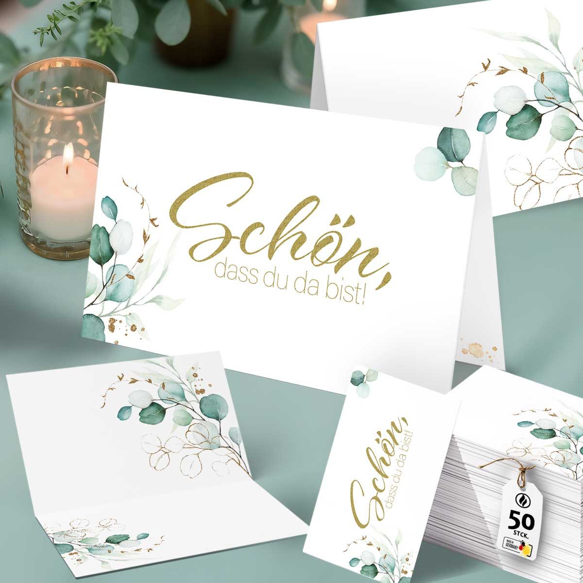 Funke & Brand Grußkarten 50x Schön, dass du da bist Tischkarten - Greenery Efeu Design