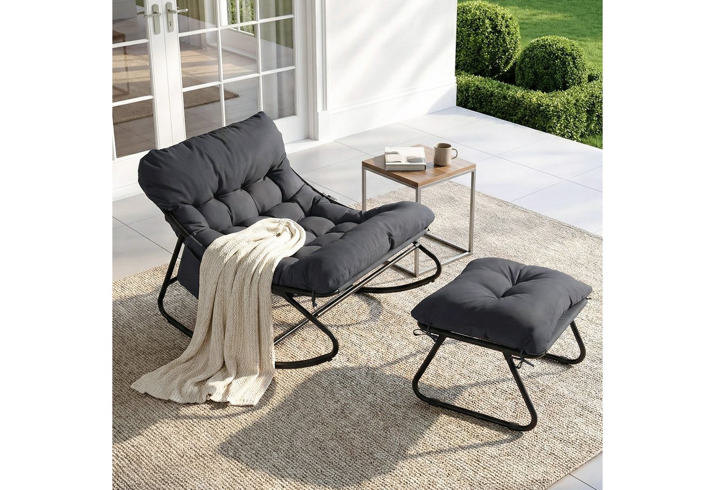 TLGREEN Schaukelstuhl mit Hocker,Lounge Sessel mit gepolstertem Kissen und Fußhocker, bis 150 kg Belastbar, für Garten,Balkon,Wohnzimmer